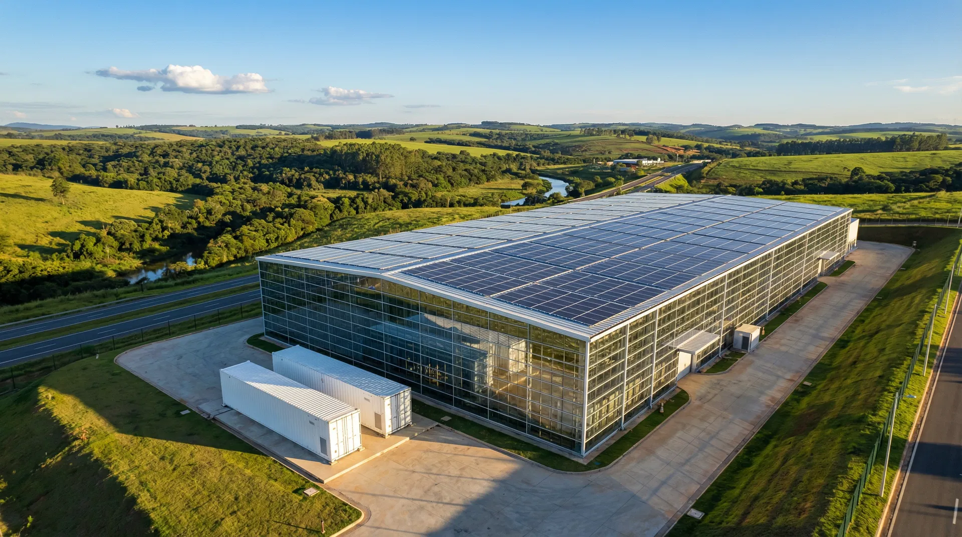Fábrica industrial com painéis solares e containers BESS de grande porte para peak shaving e backup