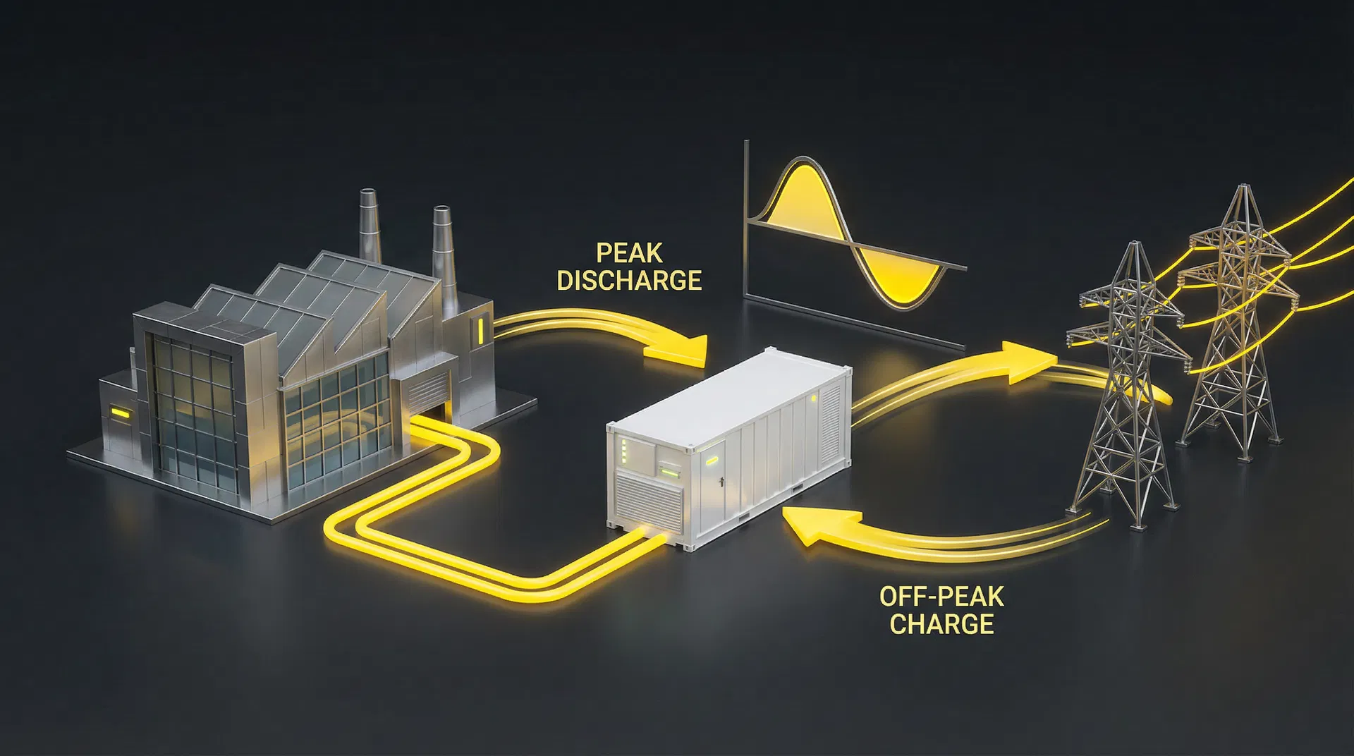 Conceito de Peak Shaving: BESS descarrega no horário de ponta para reduzir o pico de demanda
