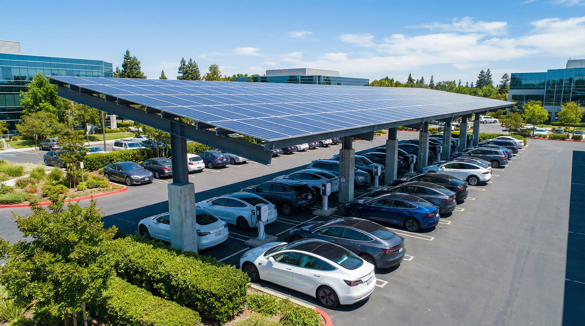 Carport solar corporativo com painéis fotovoltaicos e veículos elétricos carregando