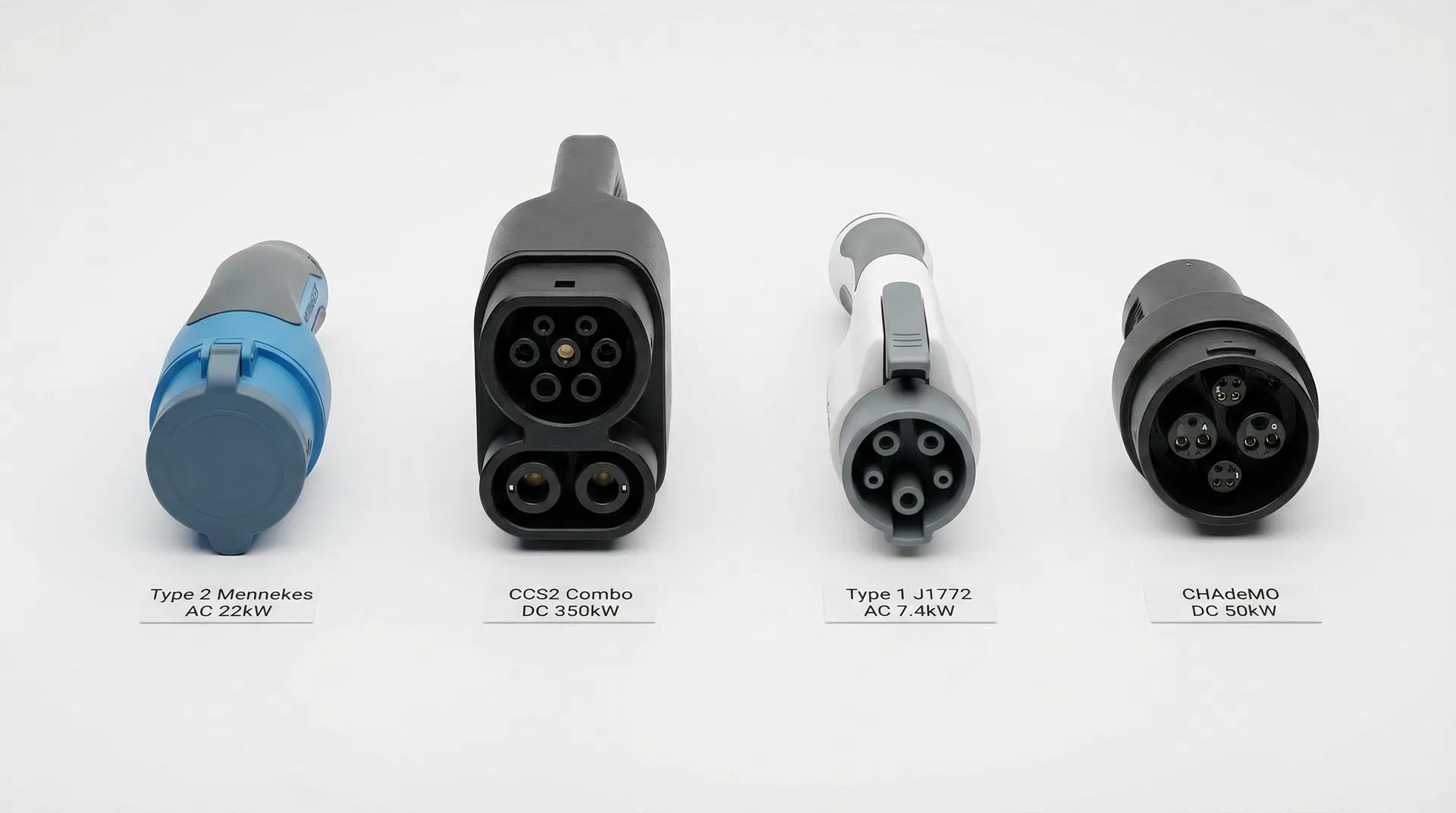 Tipos de conectores para veículos elétricos: Tipo 2 Mennekes, CCS2 Combo, Tipo 1 J1772 e CHAdeMO