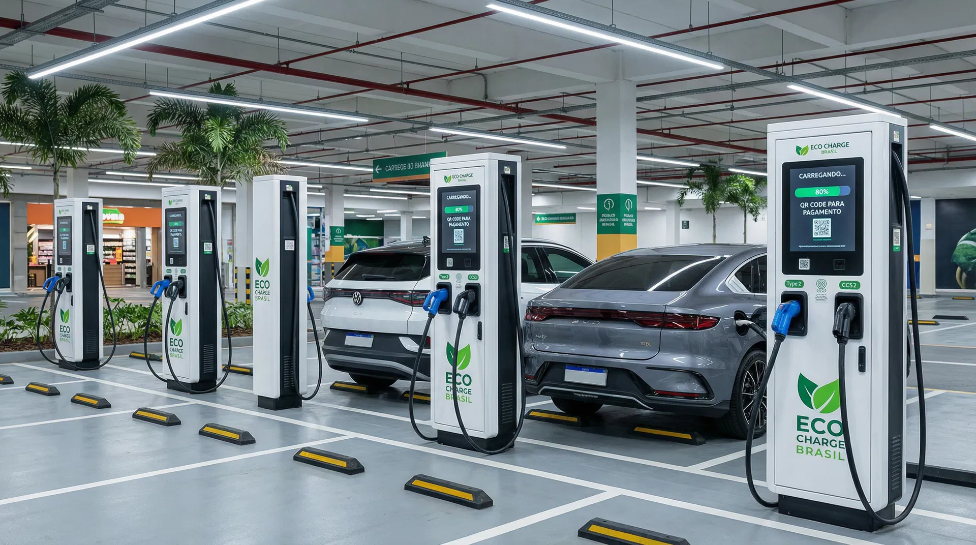 Estação de carregamento comercial com múltiplos pontos, QR Code para pagamento e veículos elétricos carregando
