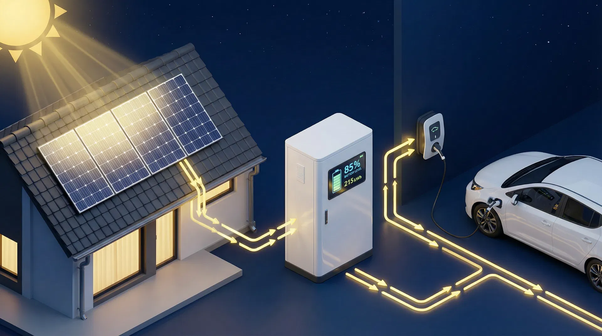 Integração completa: casa com painéis solares, BESS 215 kWh e carregador de veículo elétrico com fluxo de energia