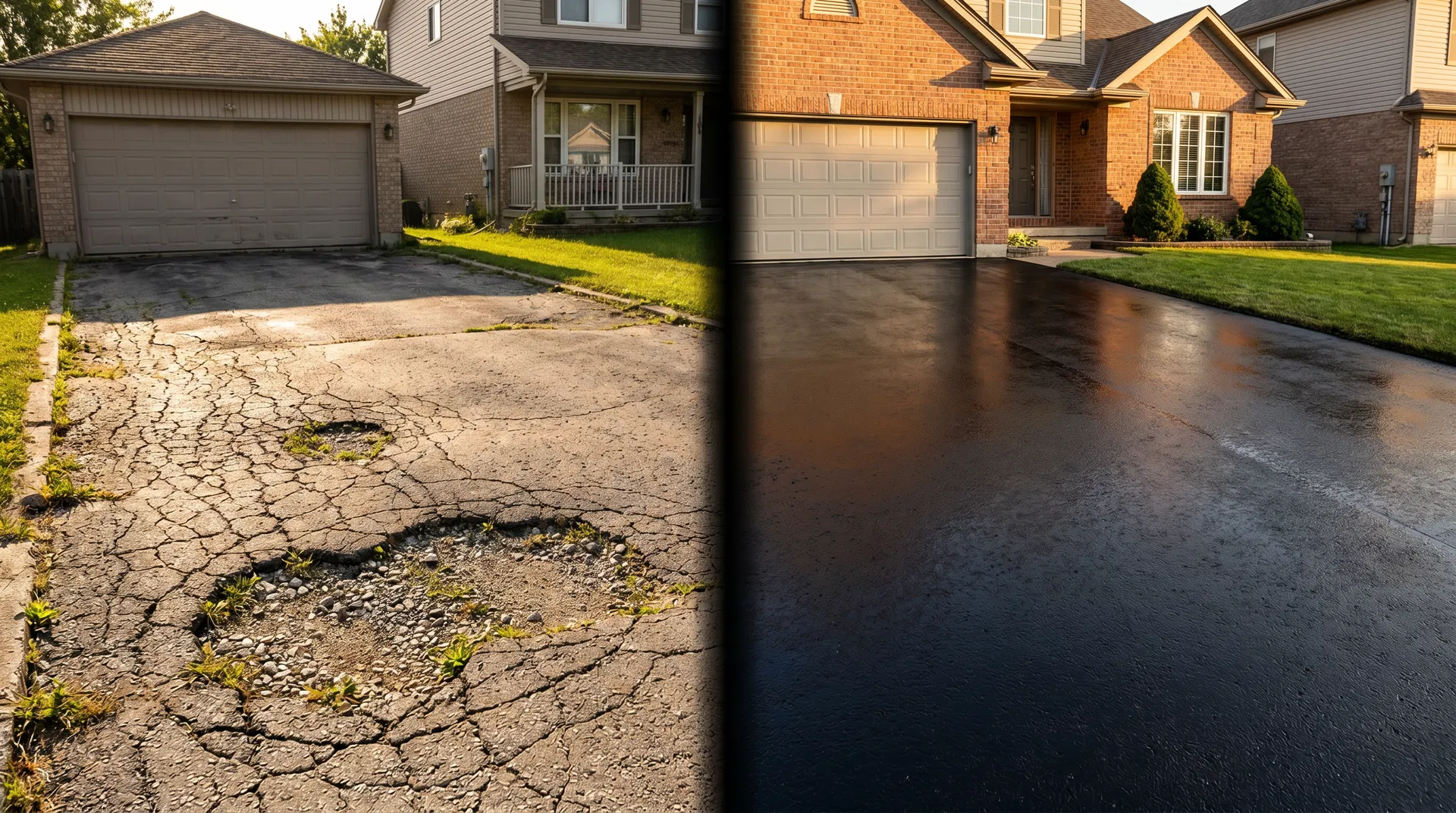Side-by-side comparison of a cracked deteriorated asphalt driveway and a freshly paved smooth black driveway