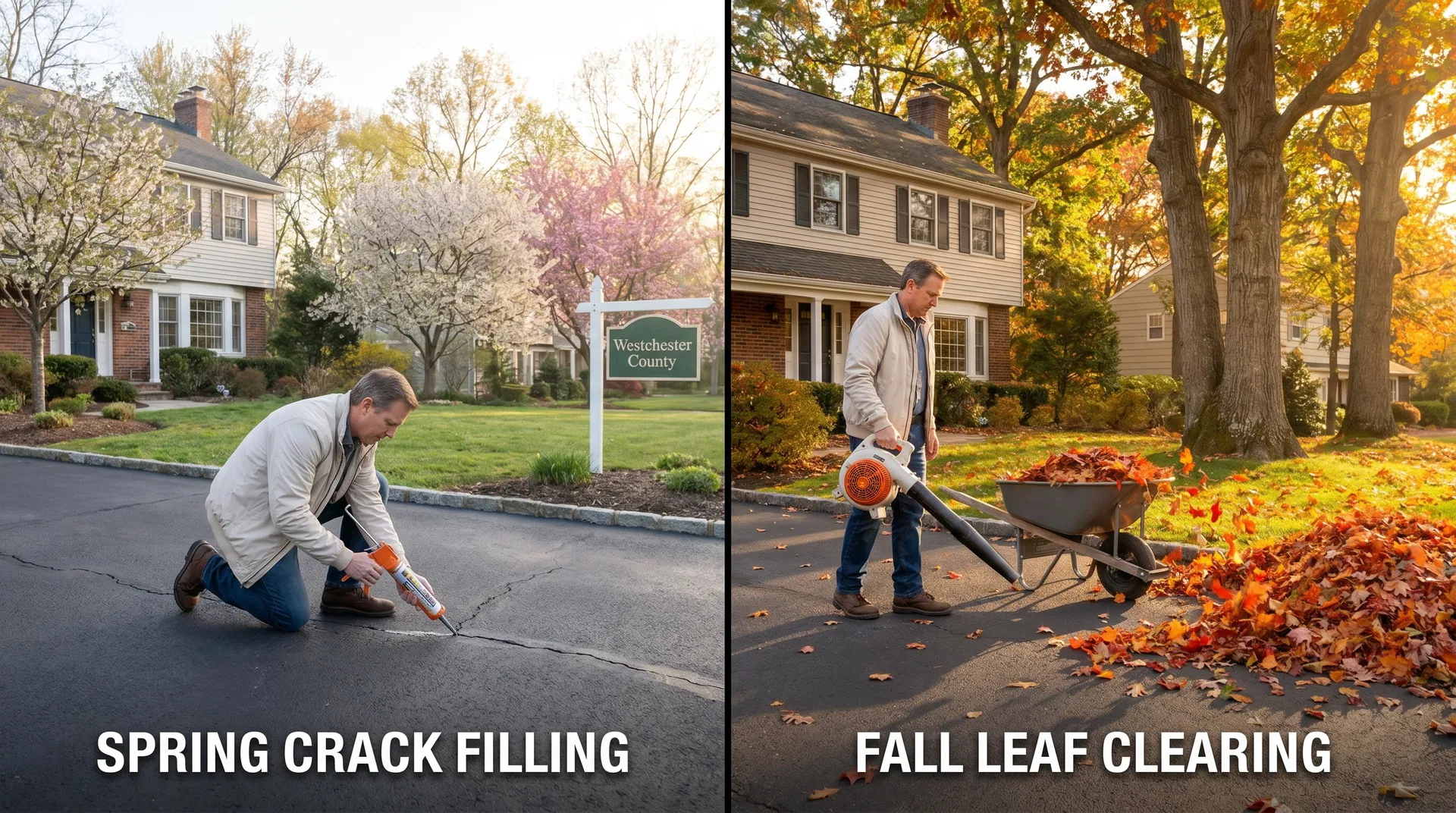 Westchester County homeowner performing spring crack filling on the left and fall leaf clearing on the right