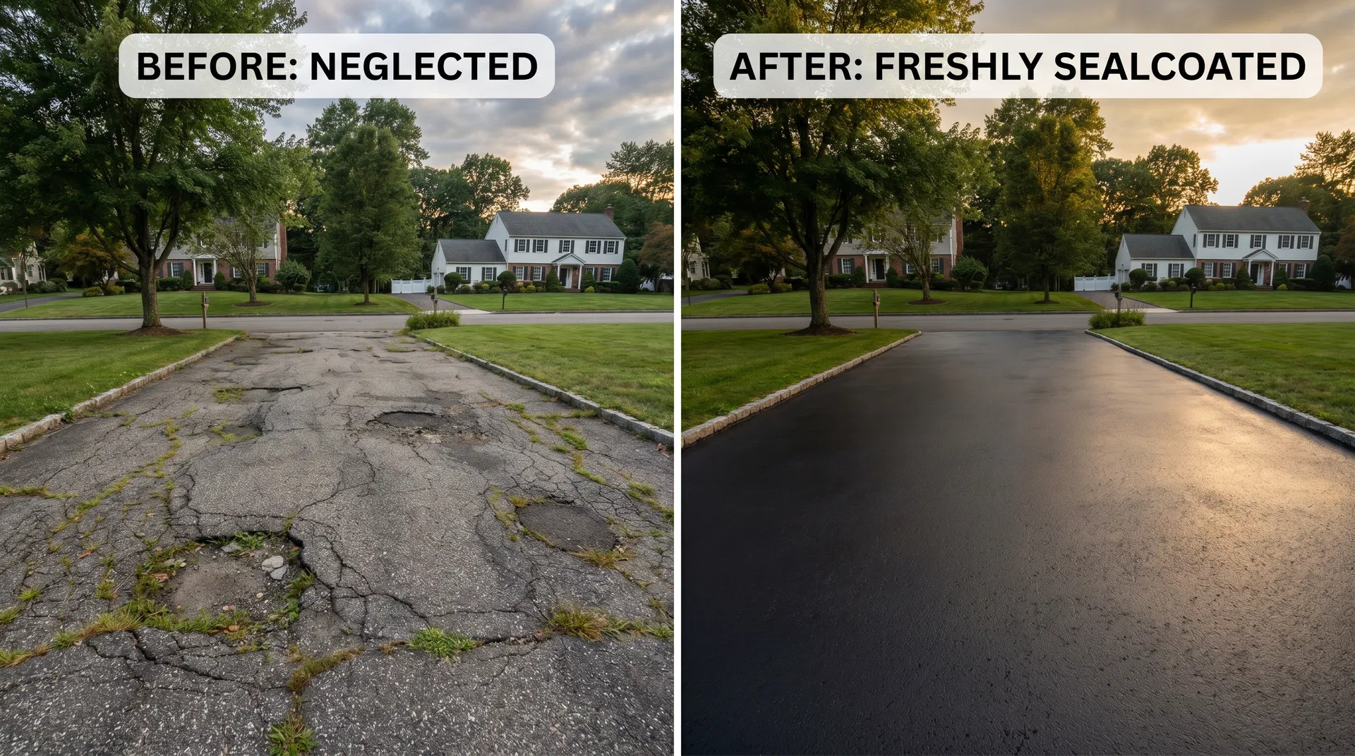 Before and after comparison: neglected cracked driveway versus freshly sealcoated smooth asphalt