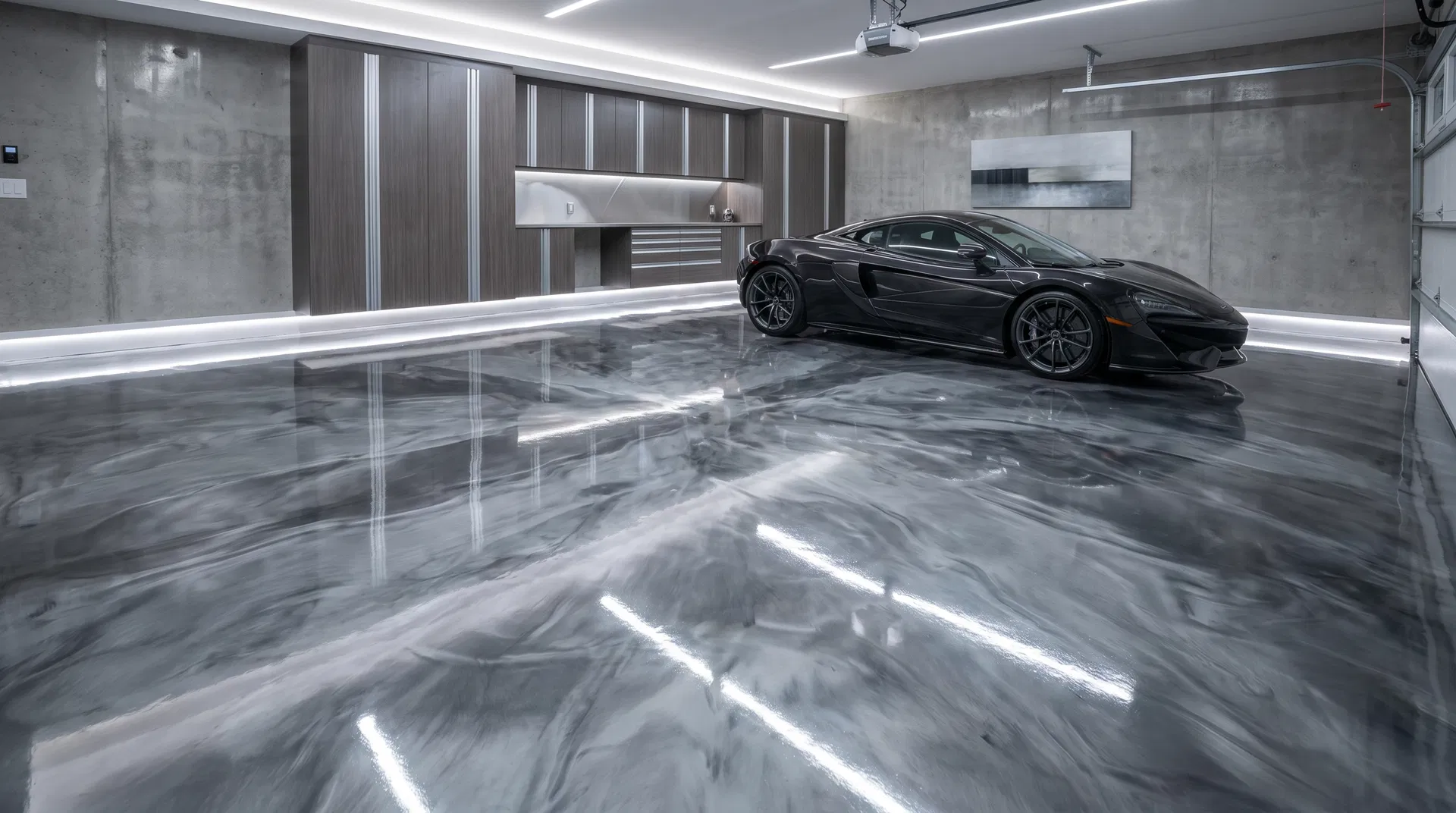 Luxury metallic epoxy floor in residential garage