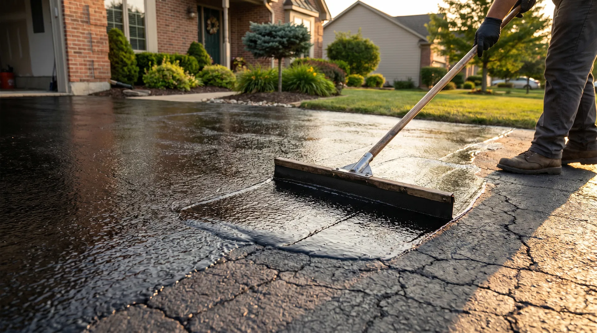 Professional sealcoating application on residential driveway