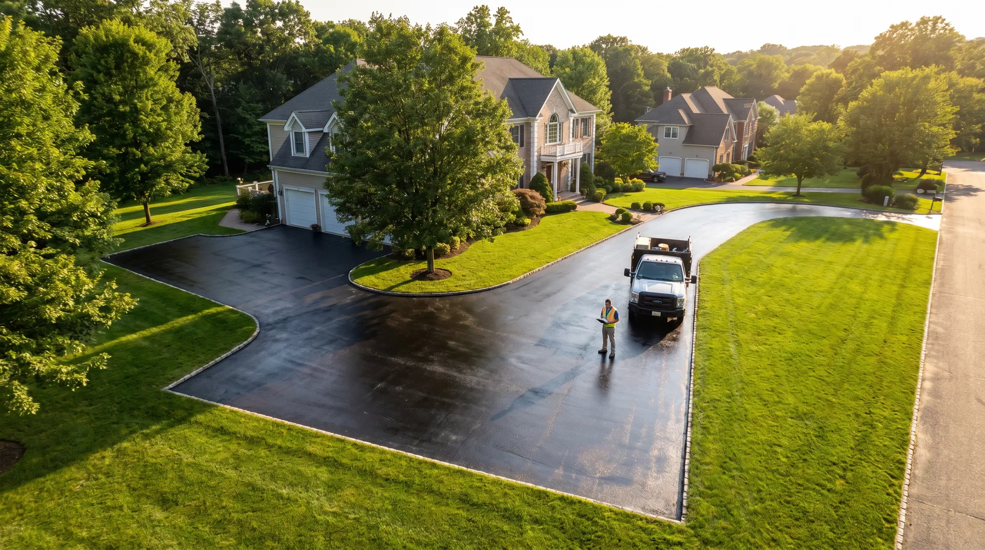 Aerial view of a Westchester estate driveway with a contractor performing a pre-project inspection