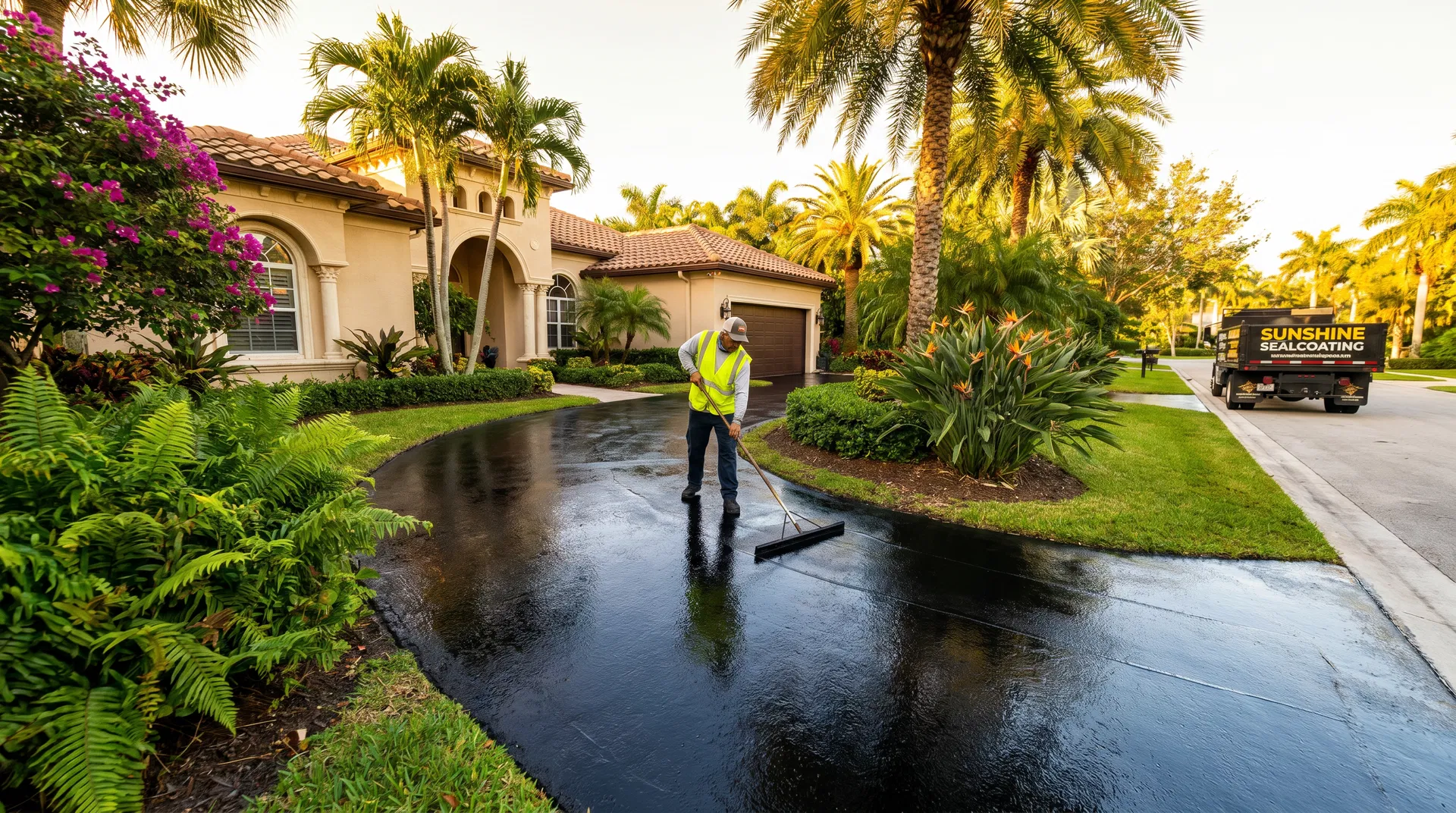 Professional applying asphalt sealcoat to a curved residential driveway in South Florida with palm trees and tropical landscaping
