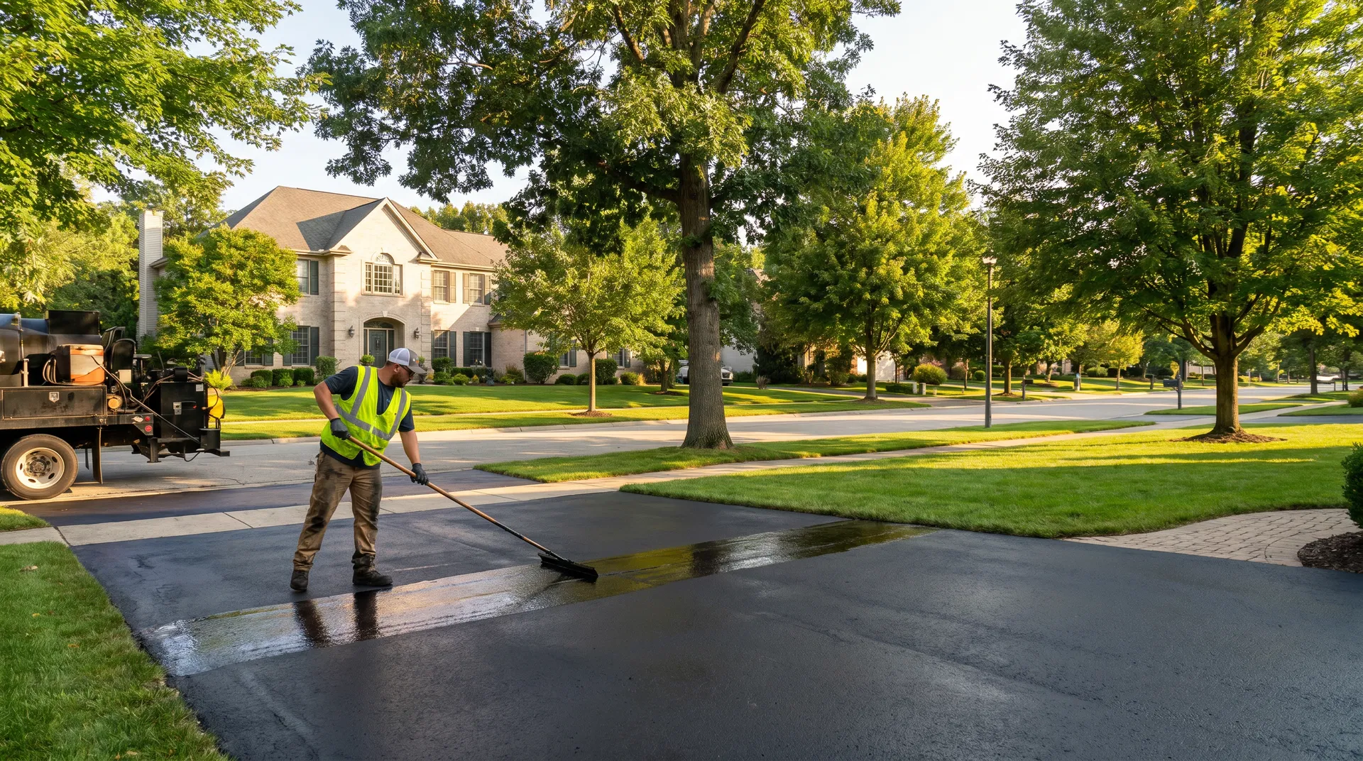 Professional applying asphalt sealcoat to a residential driveway in a Westchester County neighborhood