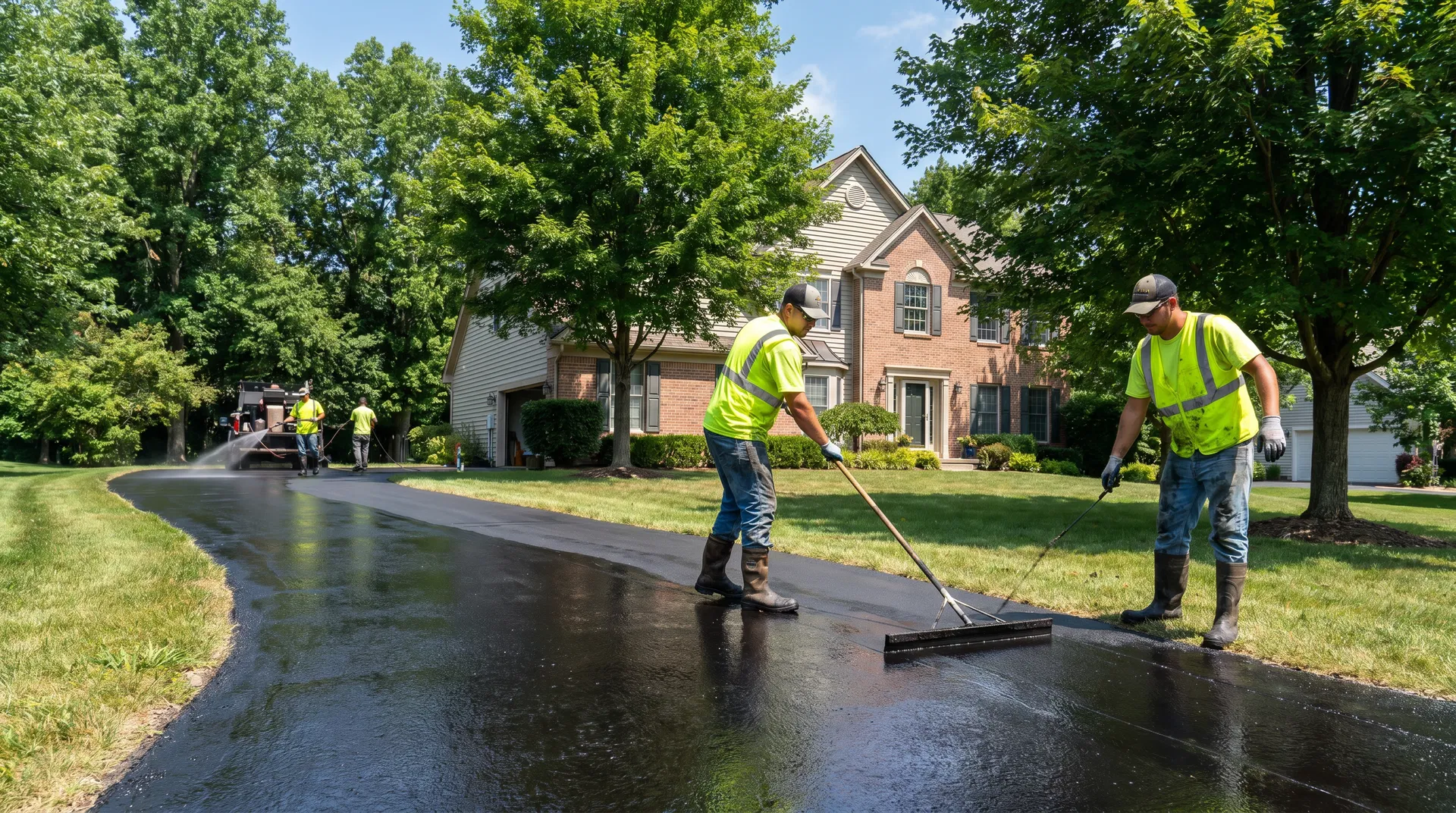 Professional crew applying asphalt sealcoat to a residential driveway on a bright summer day in suburban New York