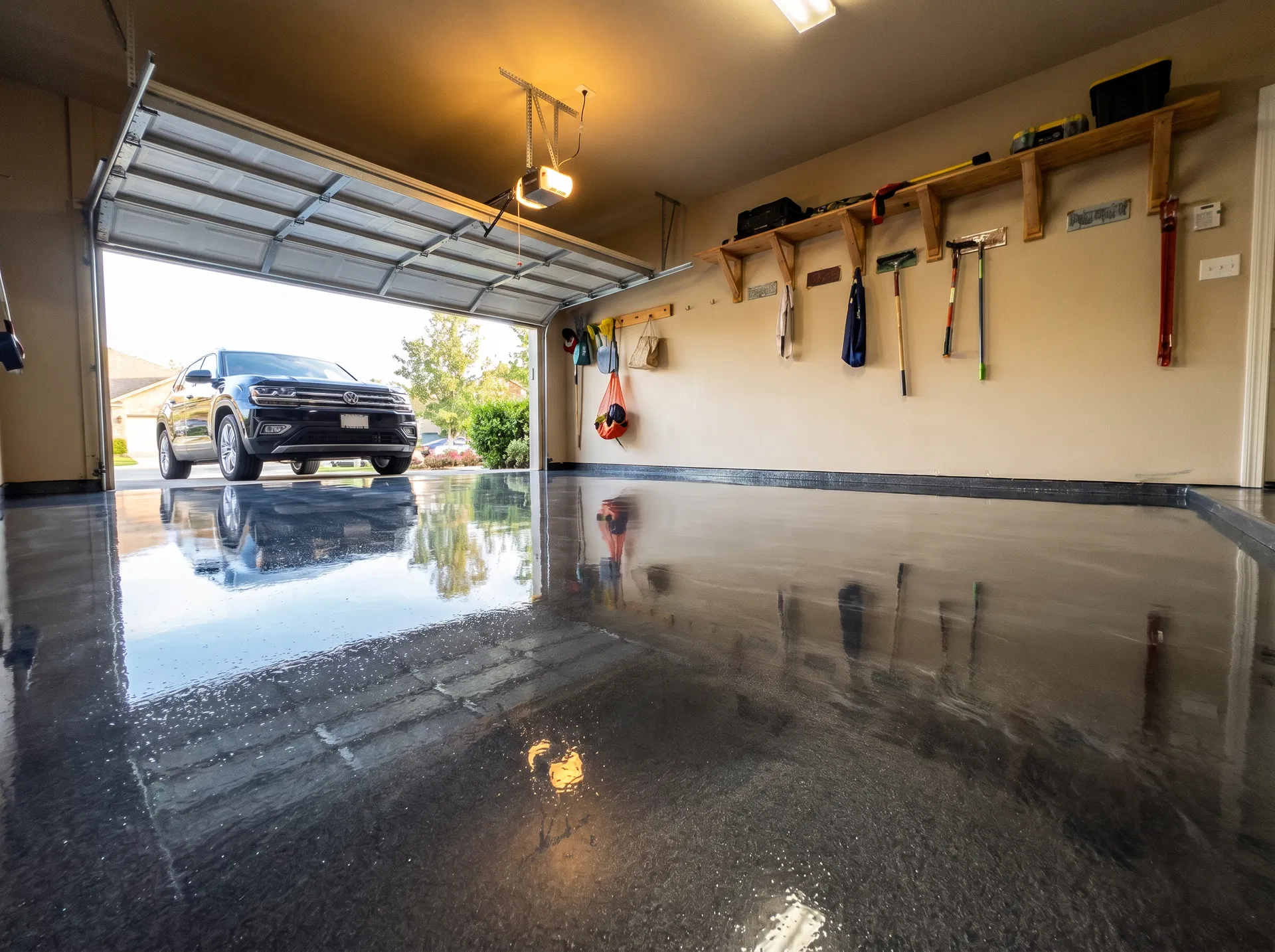 High-gloss epoxy floor coating in a clean residential garage