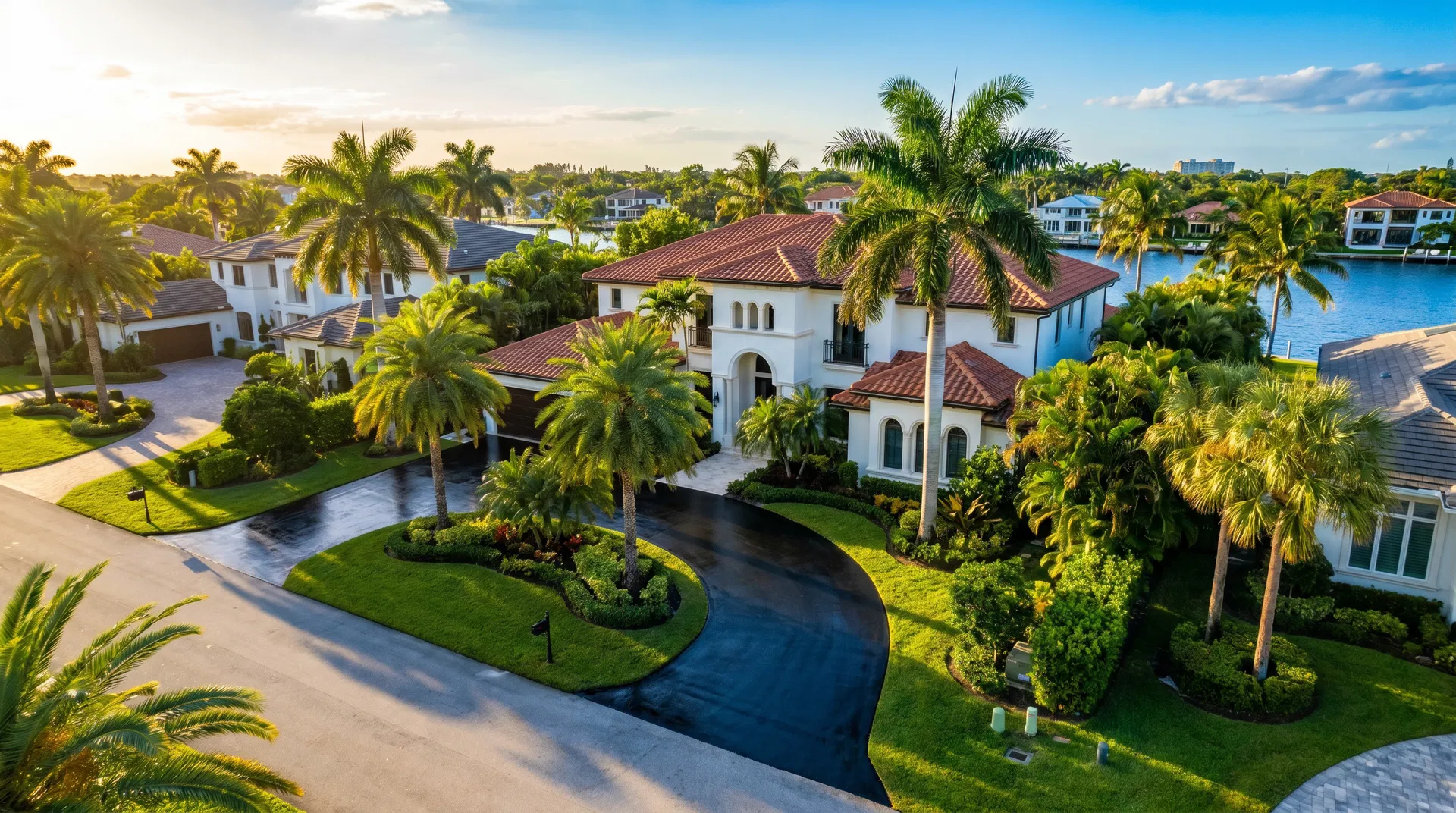 Freshly sealed asphalt driveway at a luxury South Florida home with palm trees