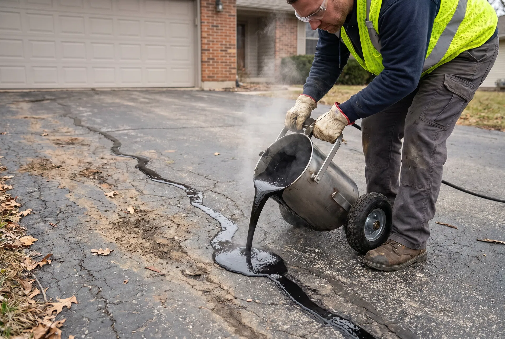 Hot crack filling being applied to damaged asphalt pavement