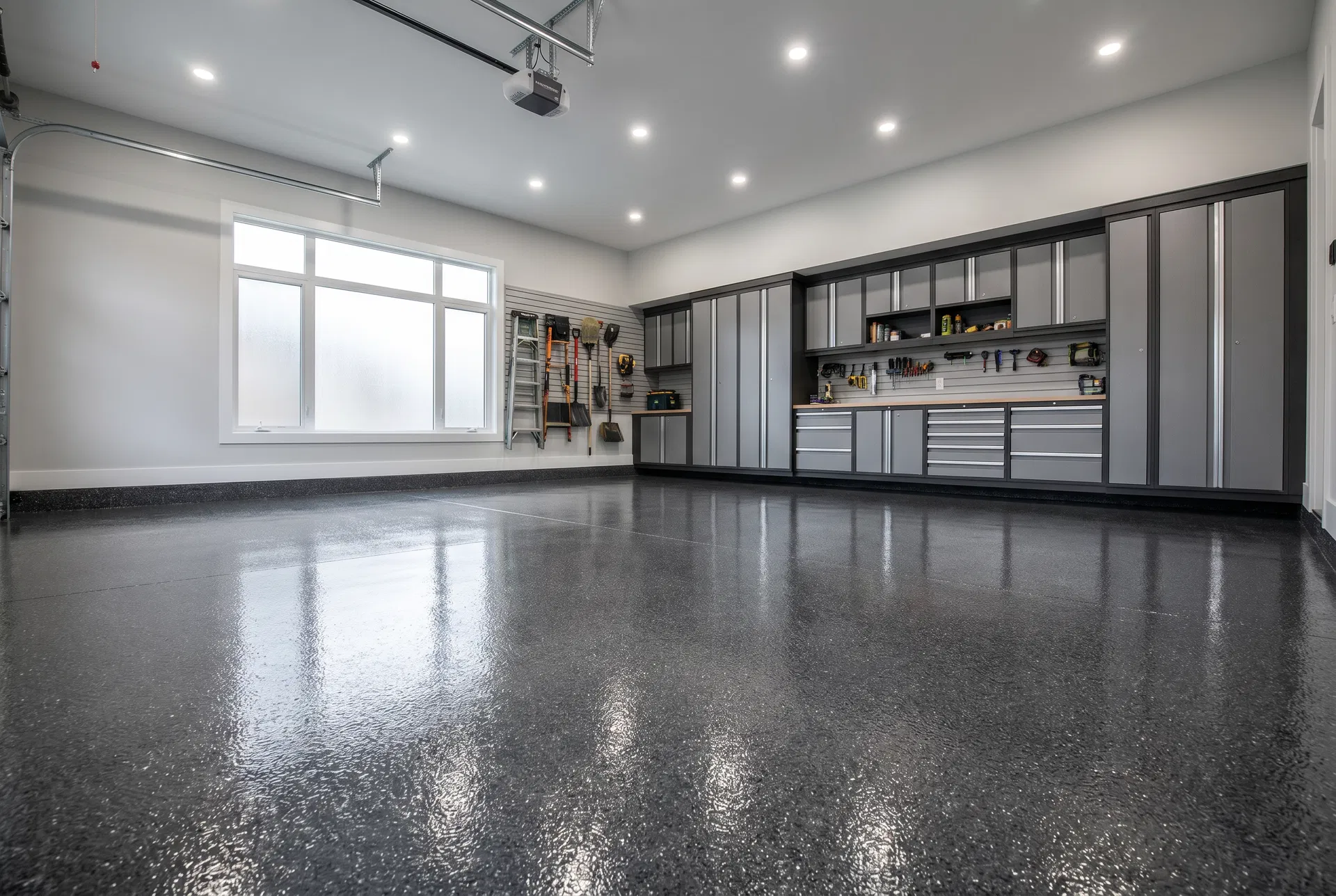 High-gloss epoxy floor coating in a residential garage
