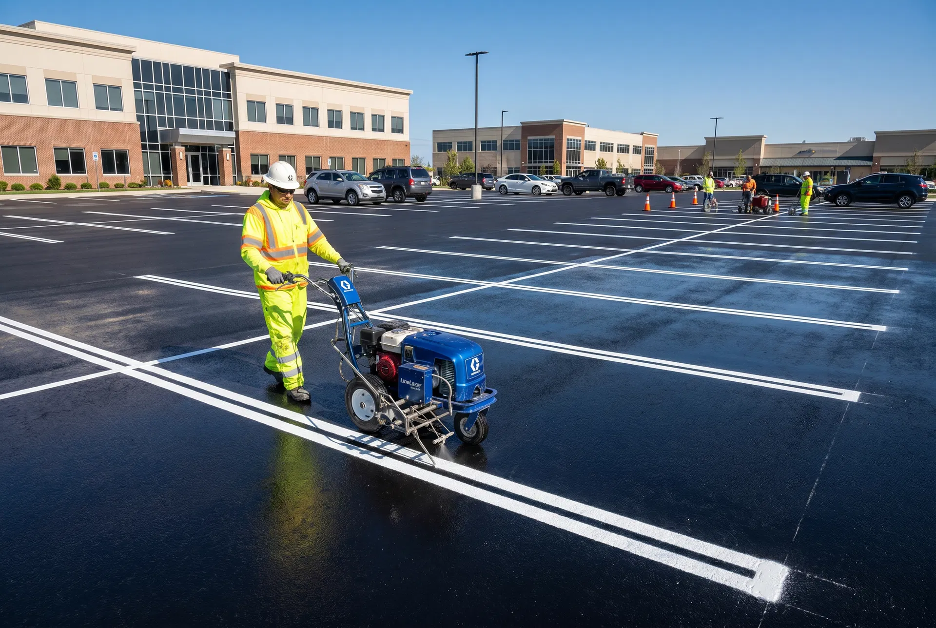 Professional line striping on freshly sealed commercial parking lot