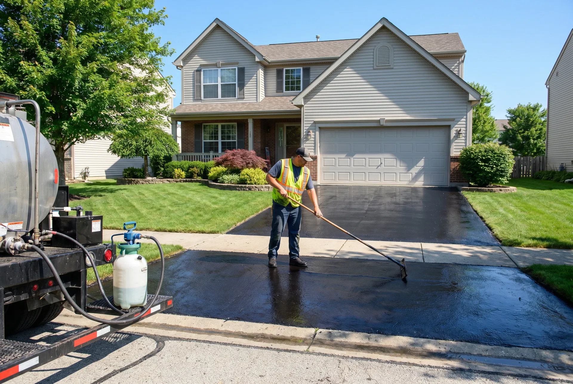 Professional sealcoating being applied to a residential asphalt driveway in Westchester NY