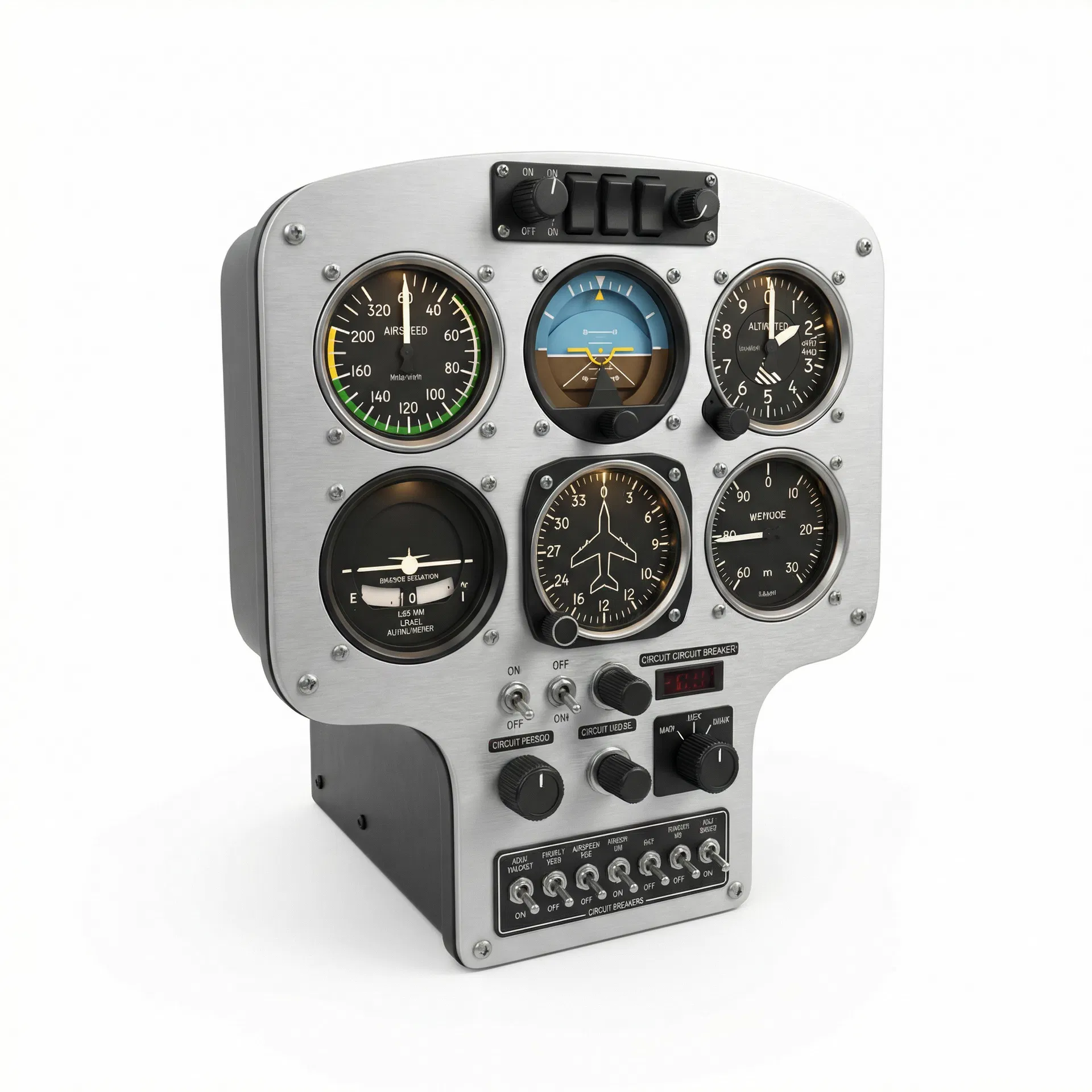 Helicopter cockpit instruments and flight controls on white background