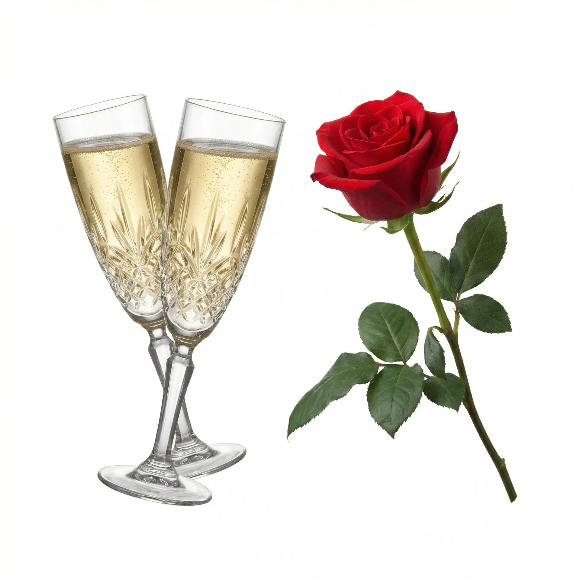 Crystal champagne flutes and red rose for special events and proposals