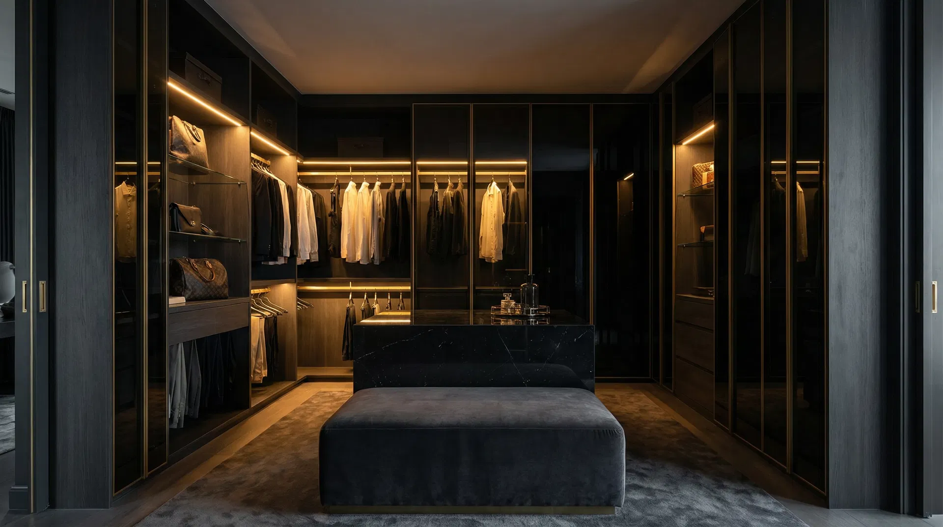 Dark-toned luxury custom closet with integrated LED lighting and premium wood finishes by Coco Bianco Group