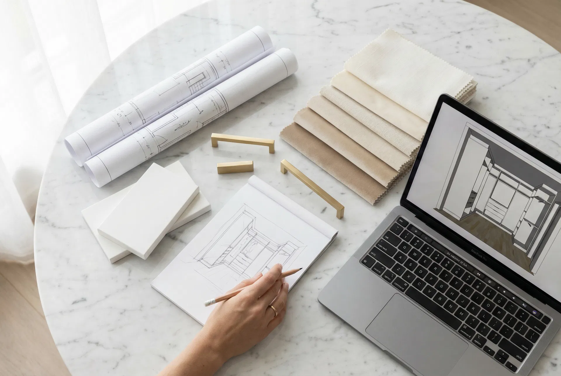 Custom closet design consultation by Coco Bianco Group showing detailed 3D rendering and material samples