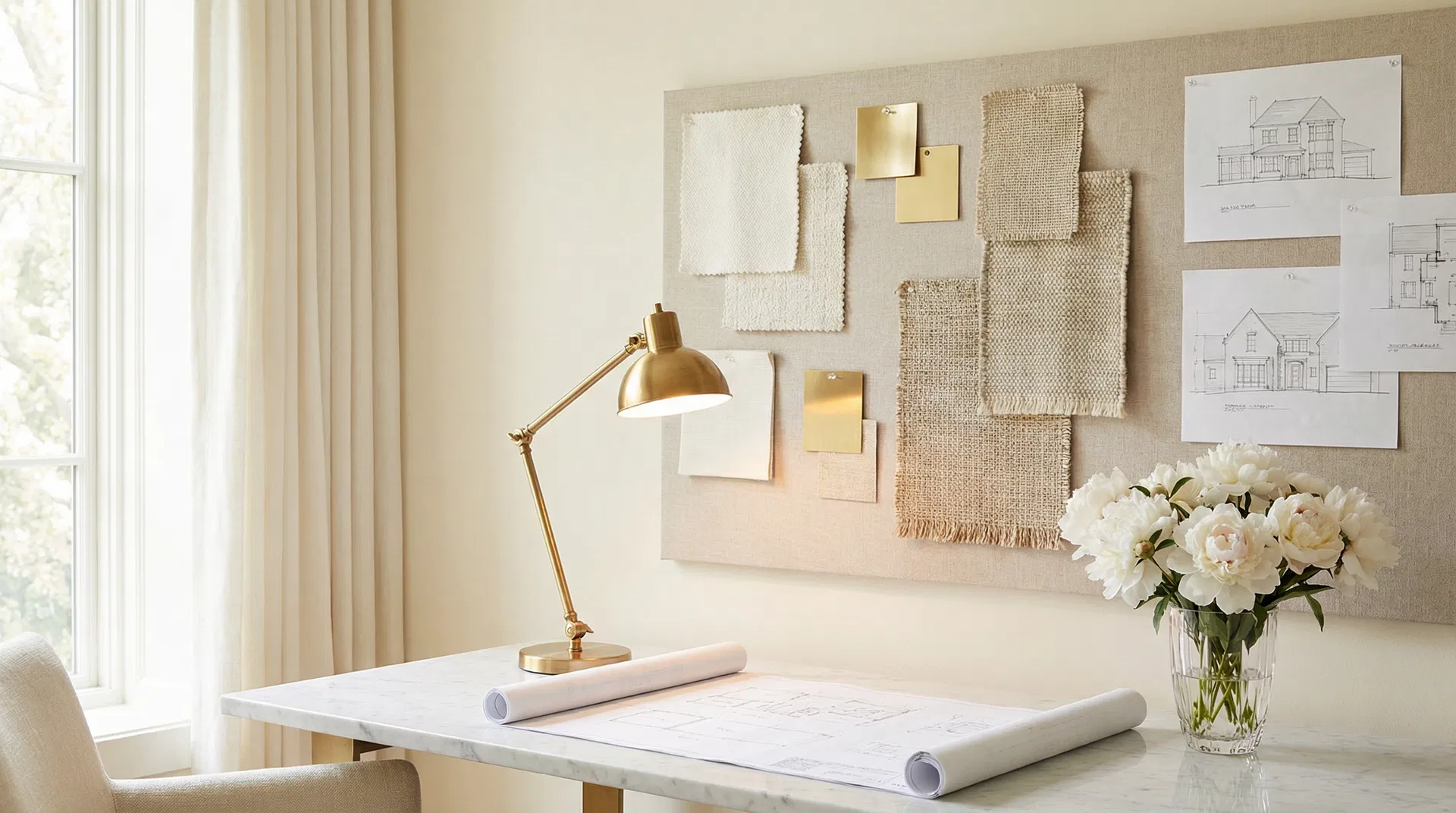 Interior design studio workspace with mood boards, fabric swatches, and architectural drawings at Coco Bianco Group