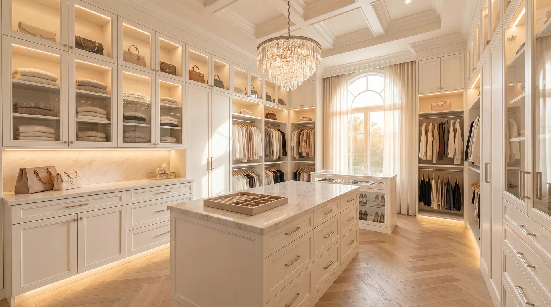 Luxury custom walk-in closet designed by Coco Bianco Group with floor-to-ceiling cabinetry, LED lighting, and marble island in Delray Beach, Florida