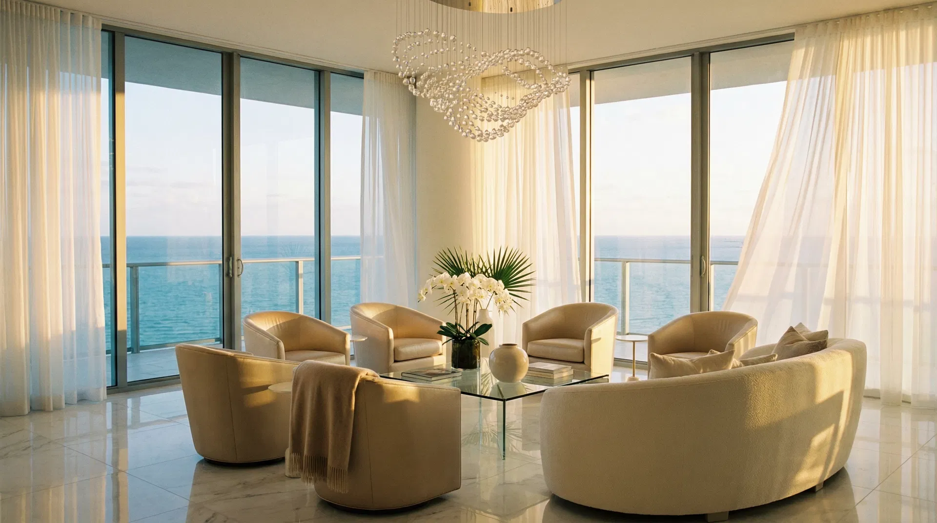Luxury South Florida penthouse interior designed by Coco Bianco Group, featuring ocean views, crystal chandelier, and bespoke cream furniture