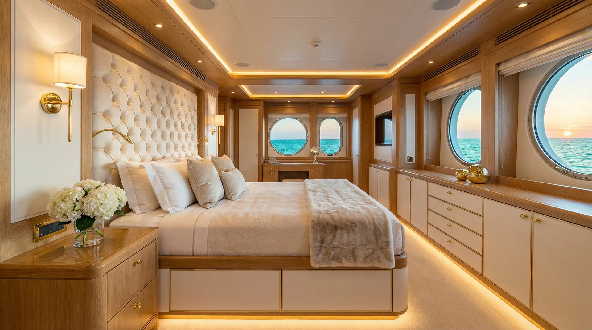 Luxury yacht master stateroom interior designed by Coco Bianco Group with custom millwork and ocean views