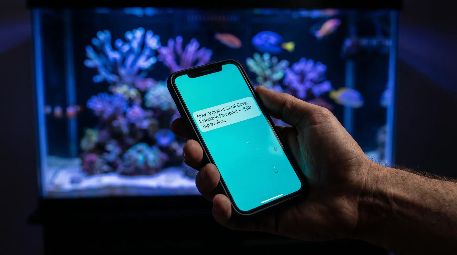 VIP SMS alert notification on phone in front of reef tank