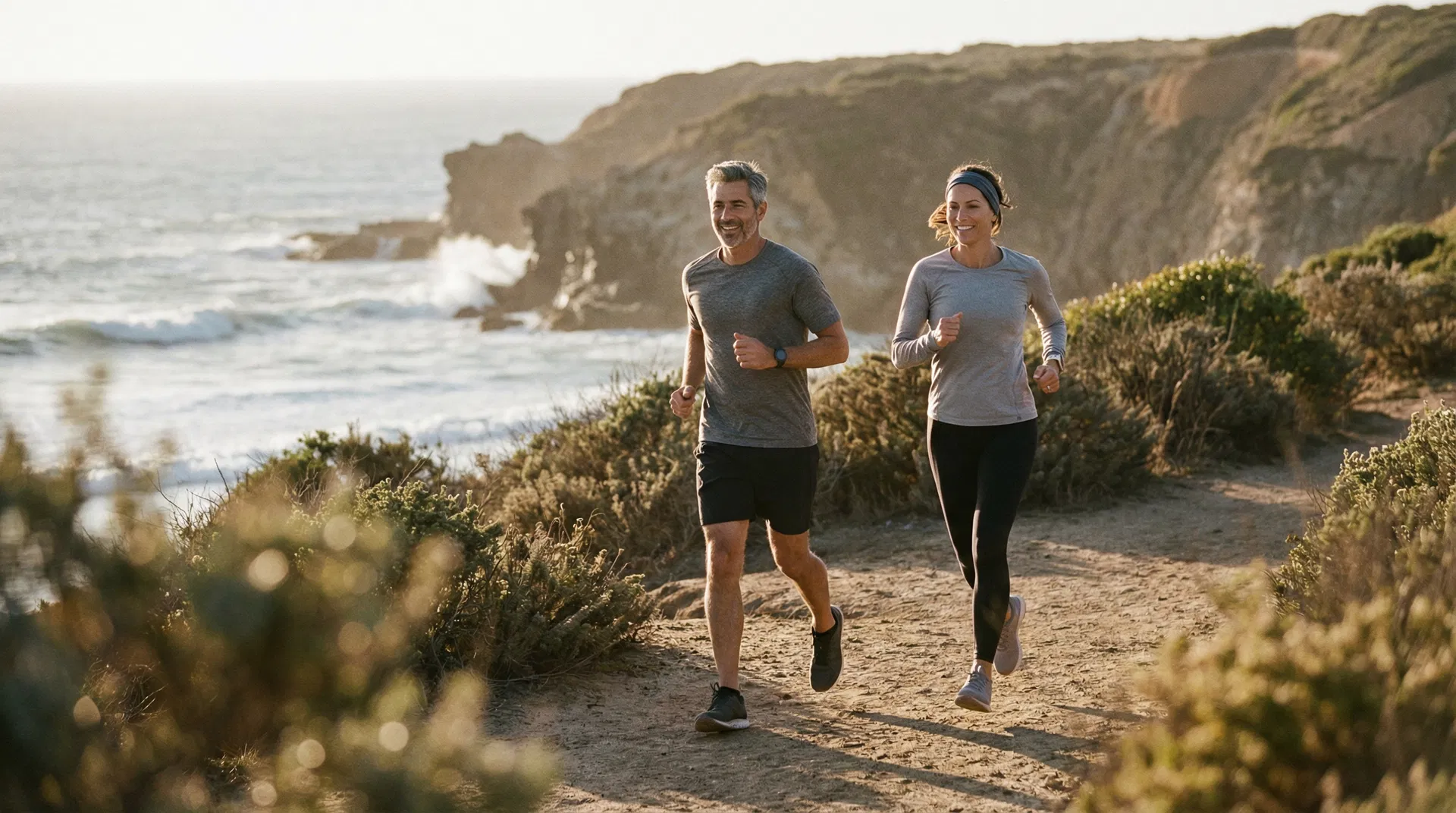 Couple jogging outdoors representing healthy lifestyle and peptide therapy benefits