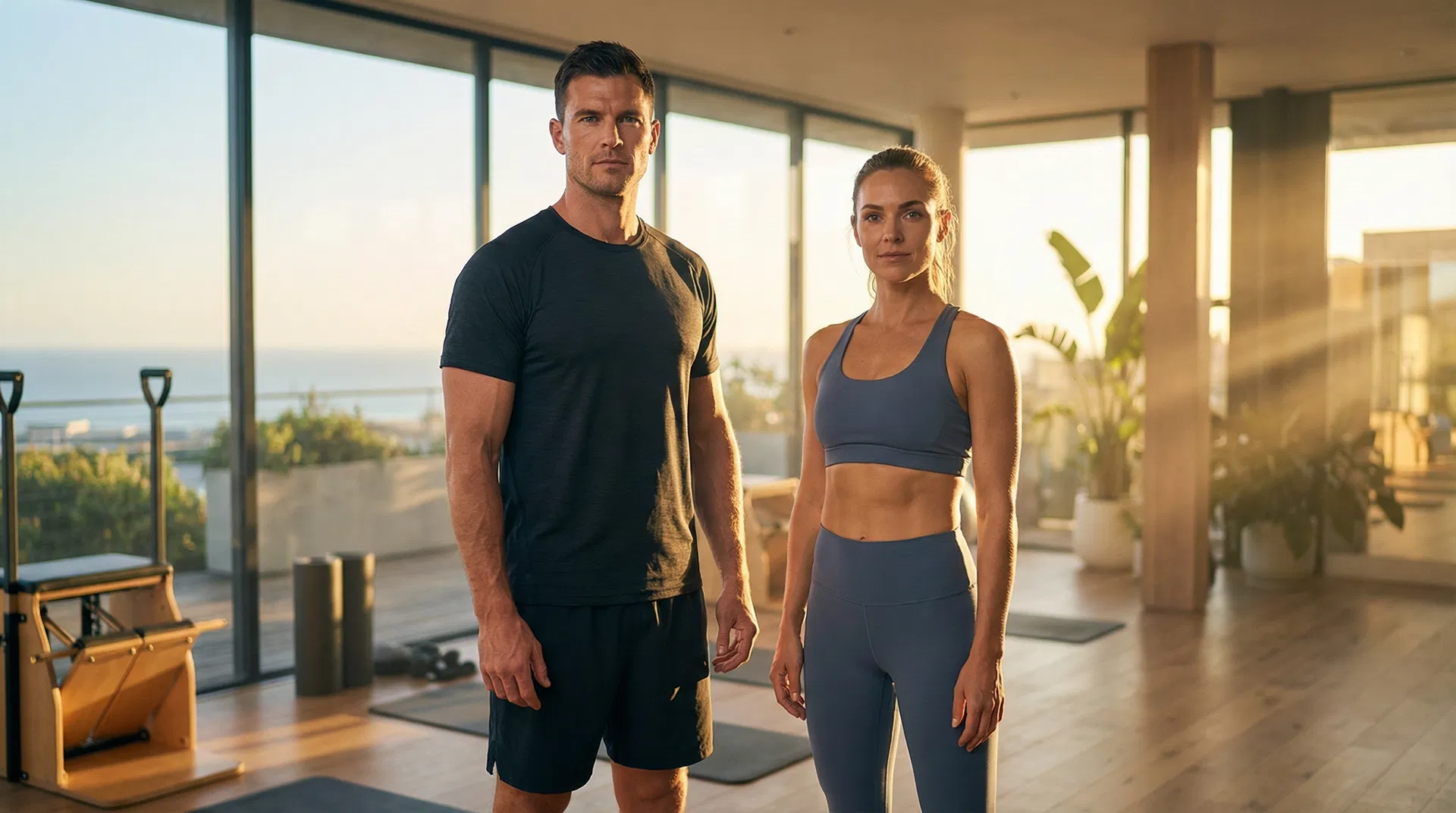 Fit couple in a modern gym representing peptide therapy transformation results