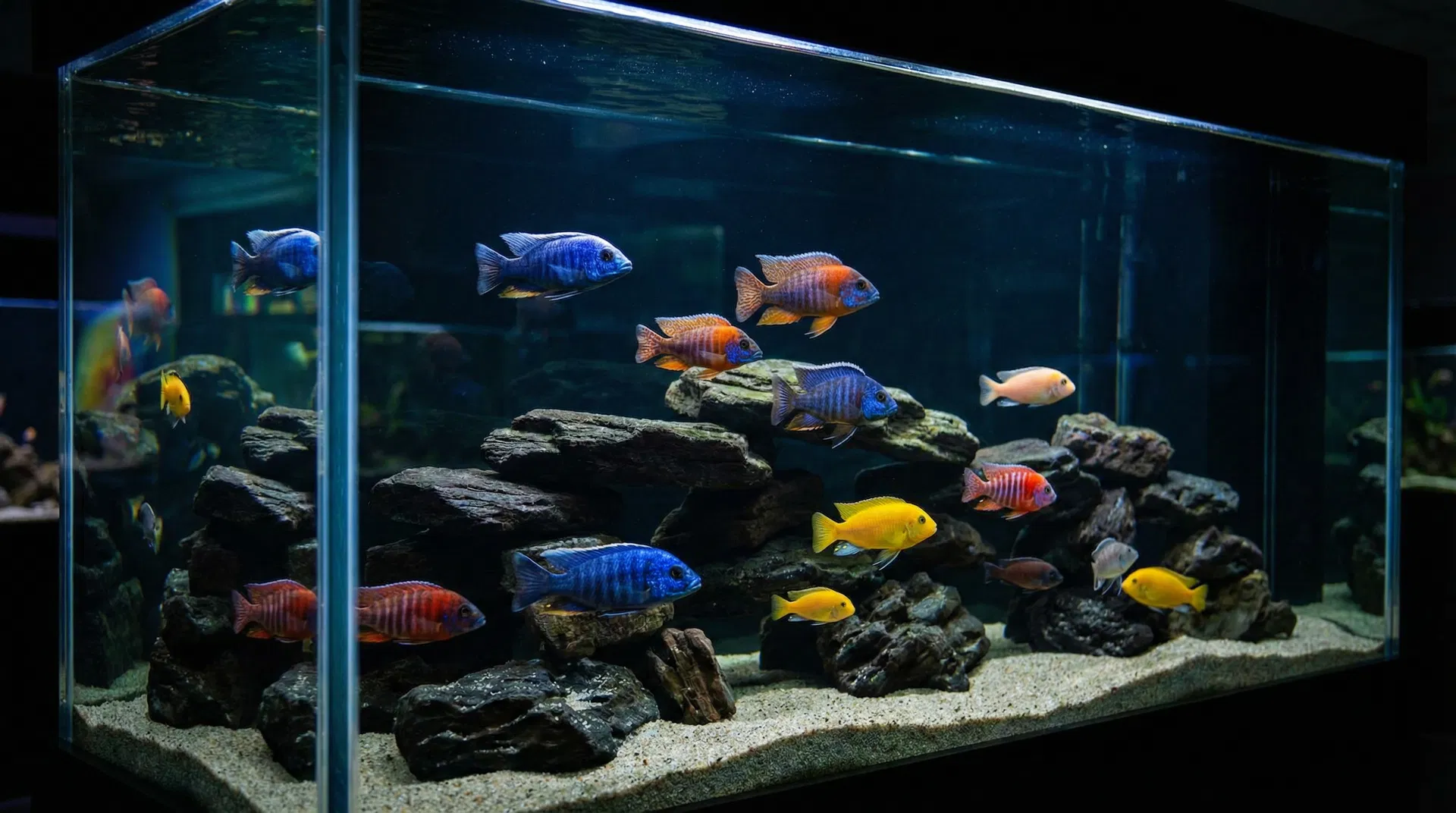 Vibrant African cichlids including electric blue and peacock varieties at The Barrier Reef aquarium store Boca Raton