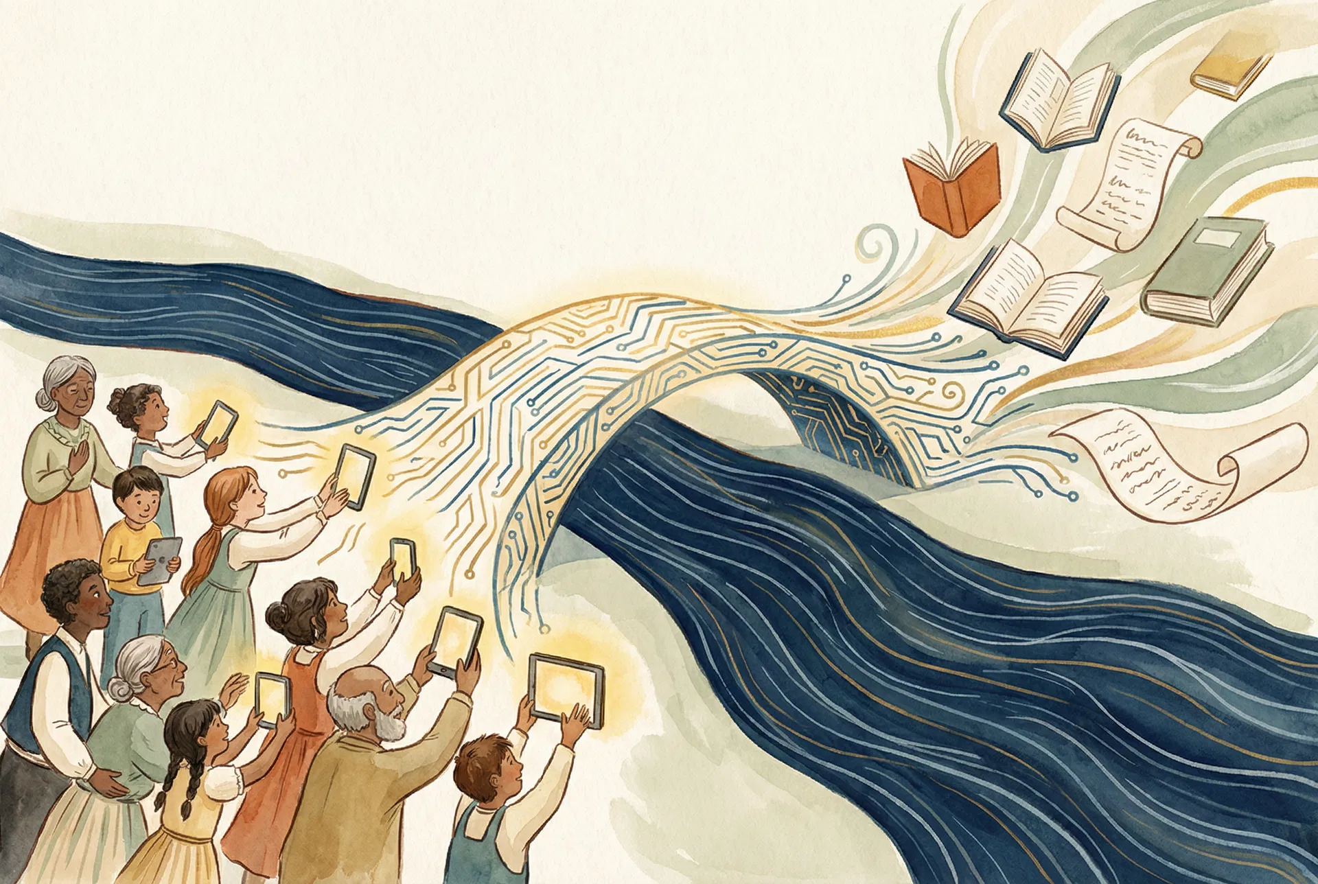 Watercolor illustration of diverse people accessing knowledge through AI, with books and digital streams flowing through a bridge of circuit patterns