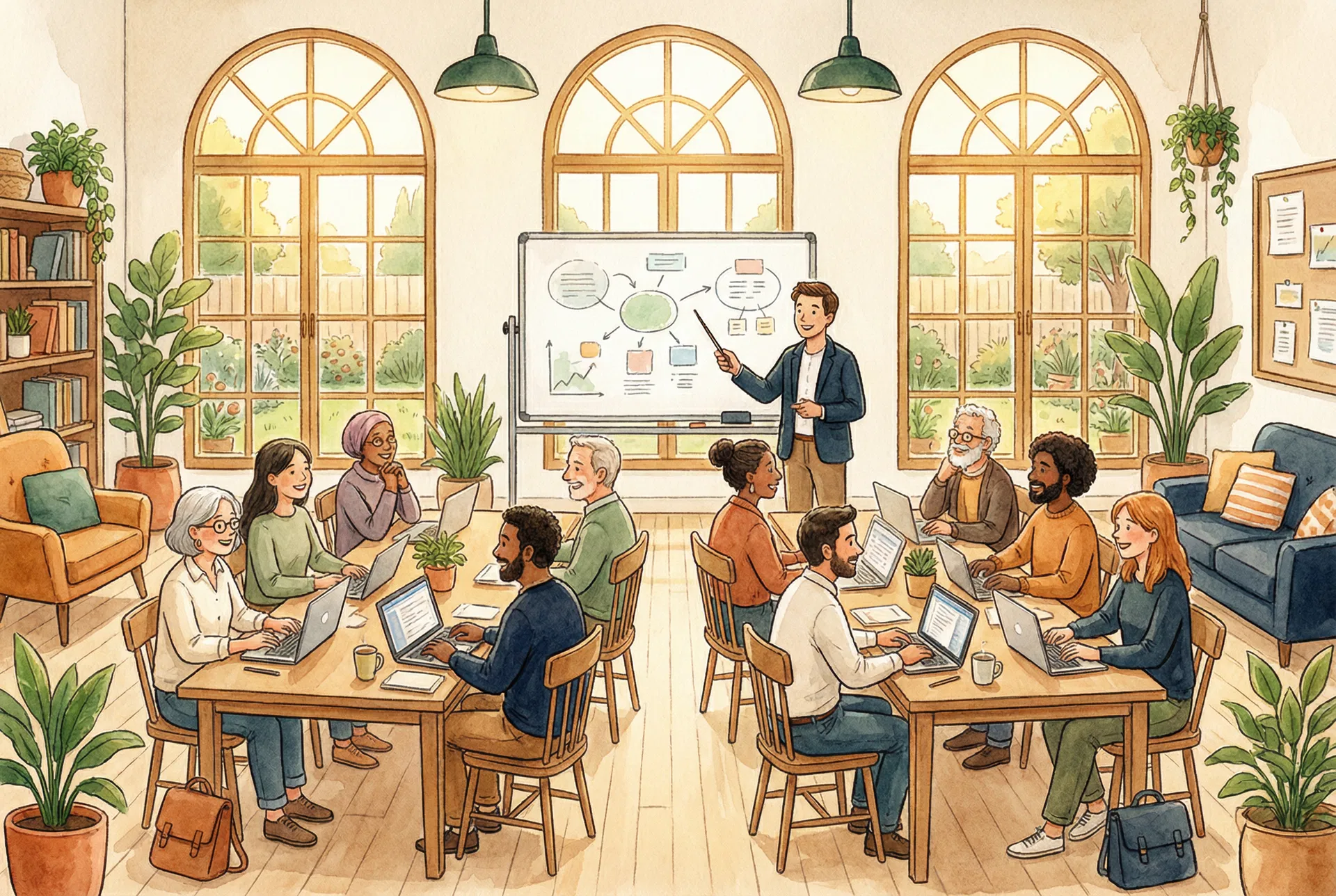 Watercolor illustration of a warm, inviting workshop with diverse participants collaborating around tables with laptops