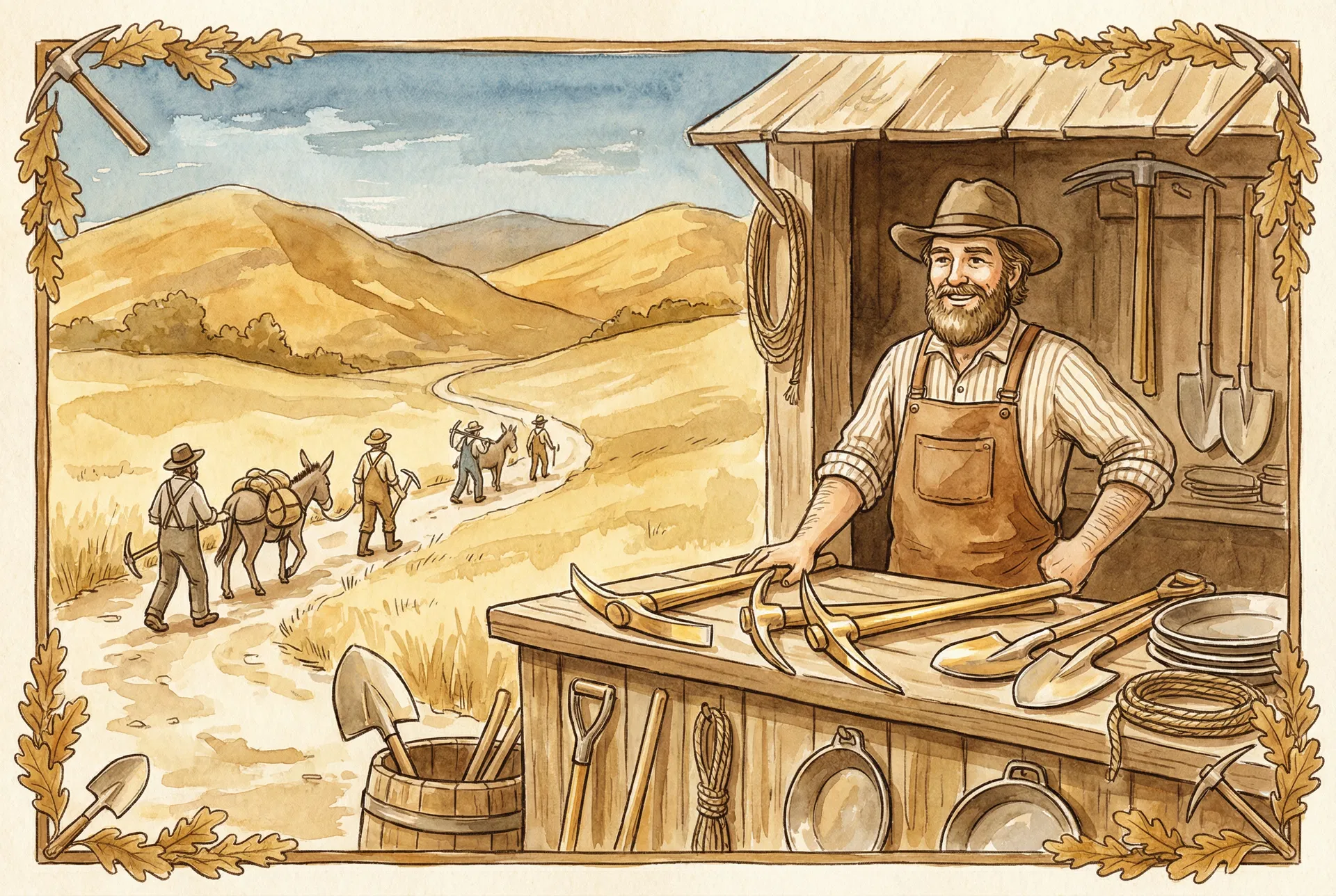 Watercolor illustration of a California Gold Rush shopkeeper selling pickaxes and tools to miners heading toward golden hills