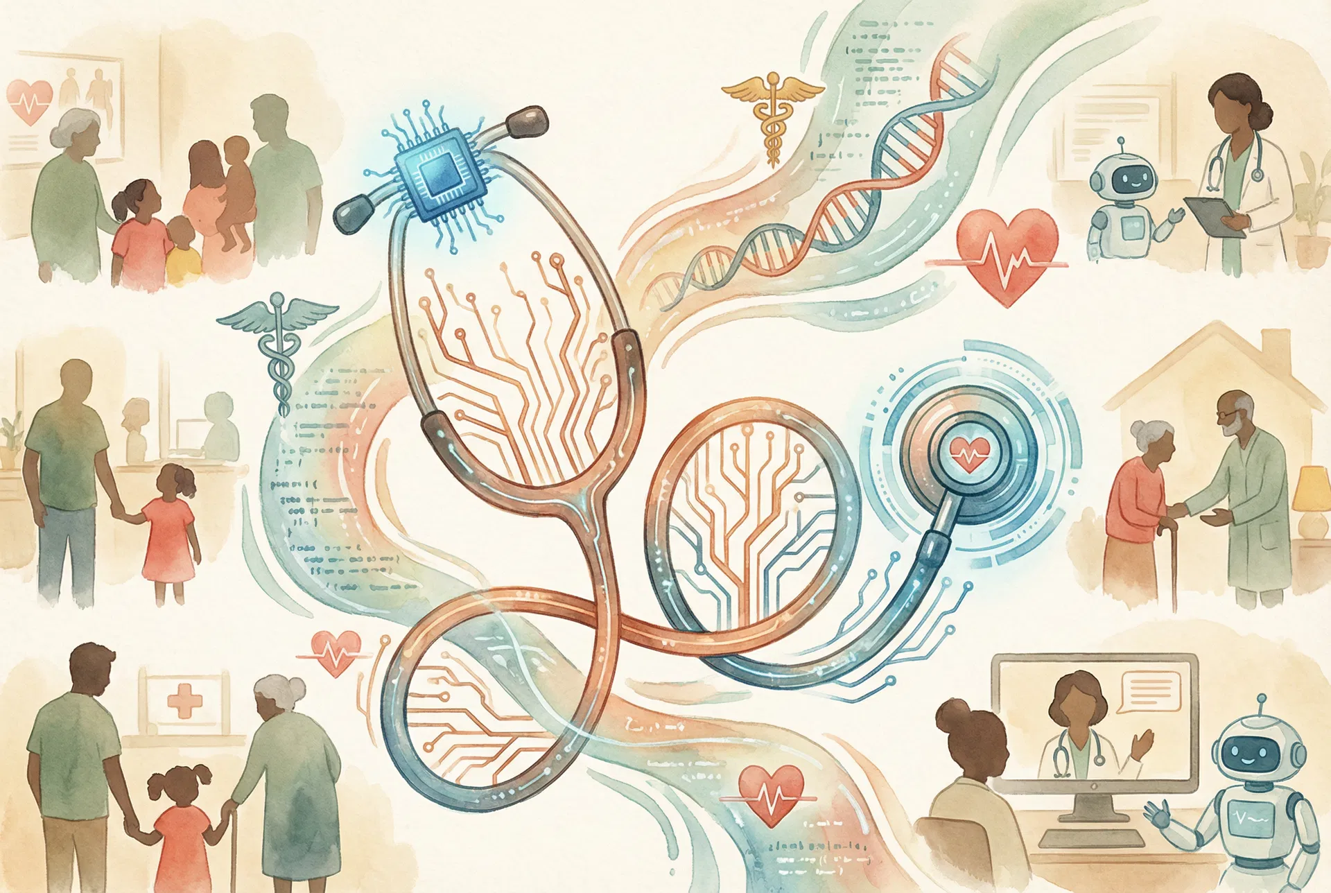 Watercolor illustration showing the intersection of AI and healthcare with stethoscope, circuit patterns, and diverse communities