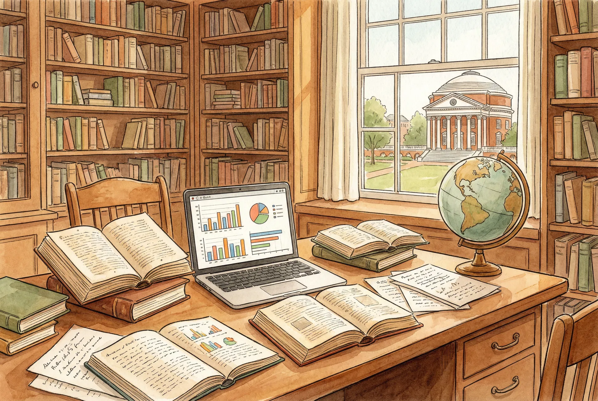 Watercolor illustration of a scholarly desk with books, laptop showing data, and a globe, with a university campus visible through the window