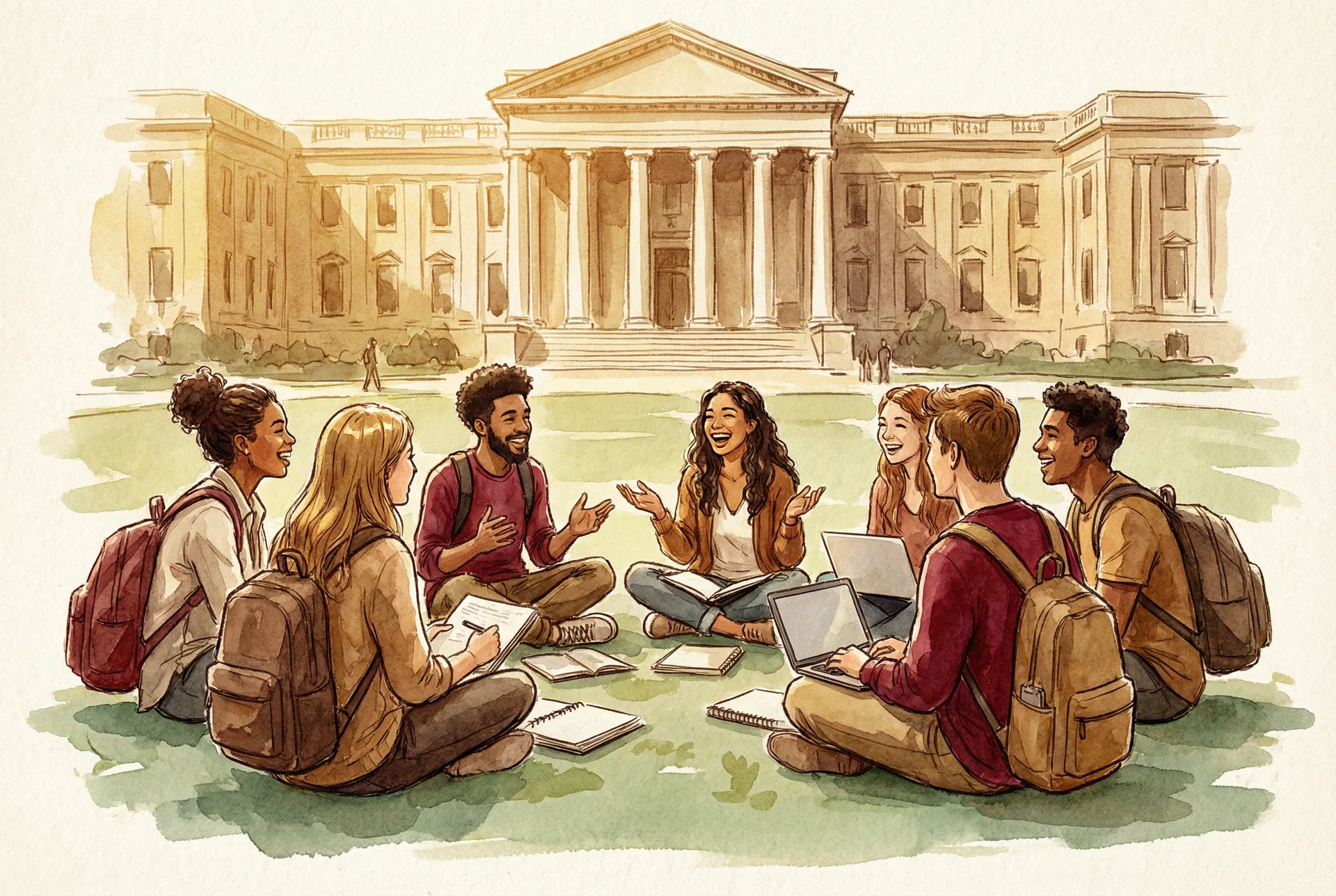 An illustration of the Harvard community, showing diverse people and campus buildings.