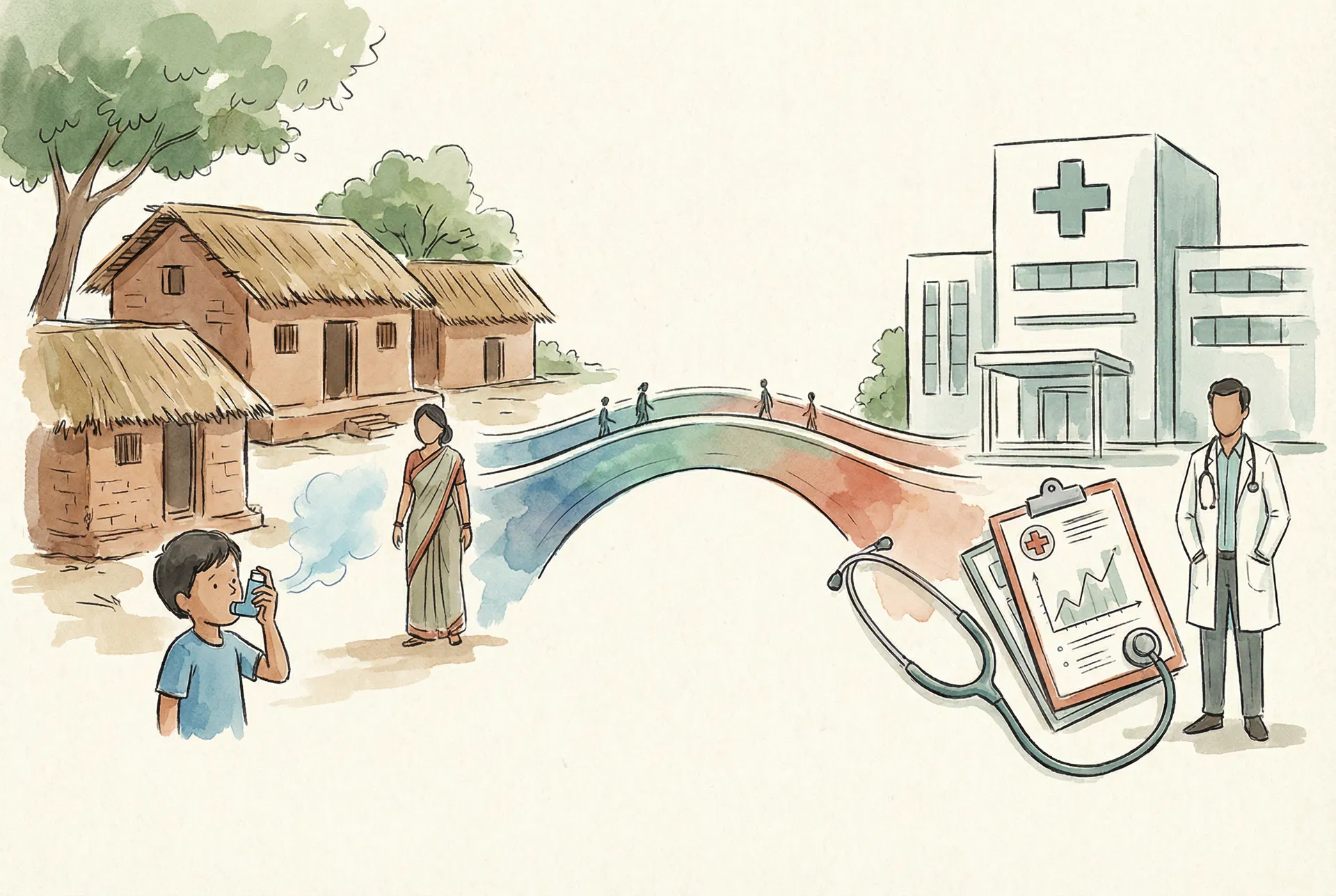 An illustration showing a village connected to the world via healthcare technology