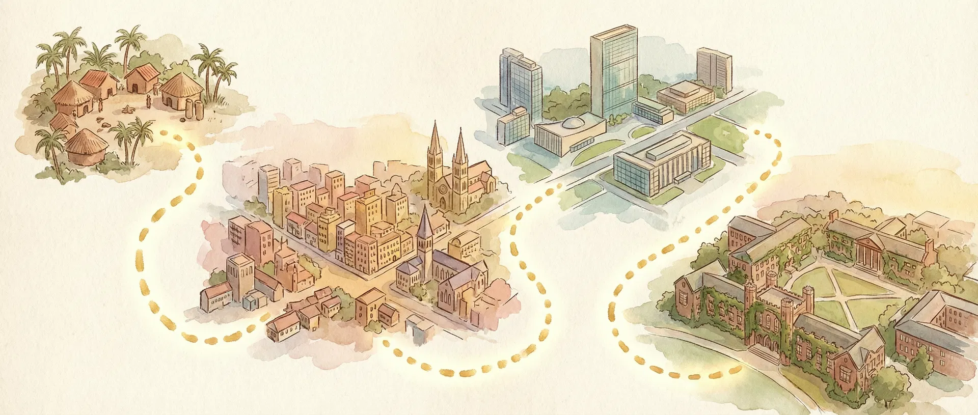 Illustrated cityscape of global landmarks representing Abhishek Suryawanshi's international work