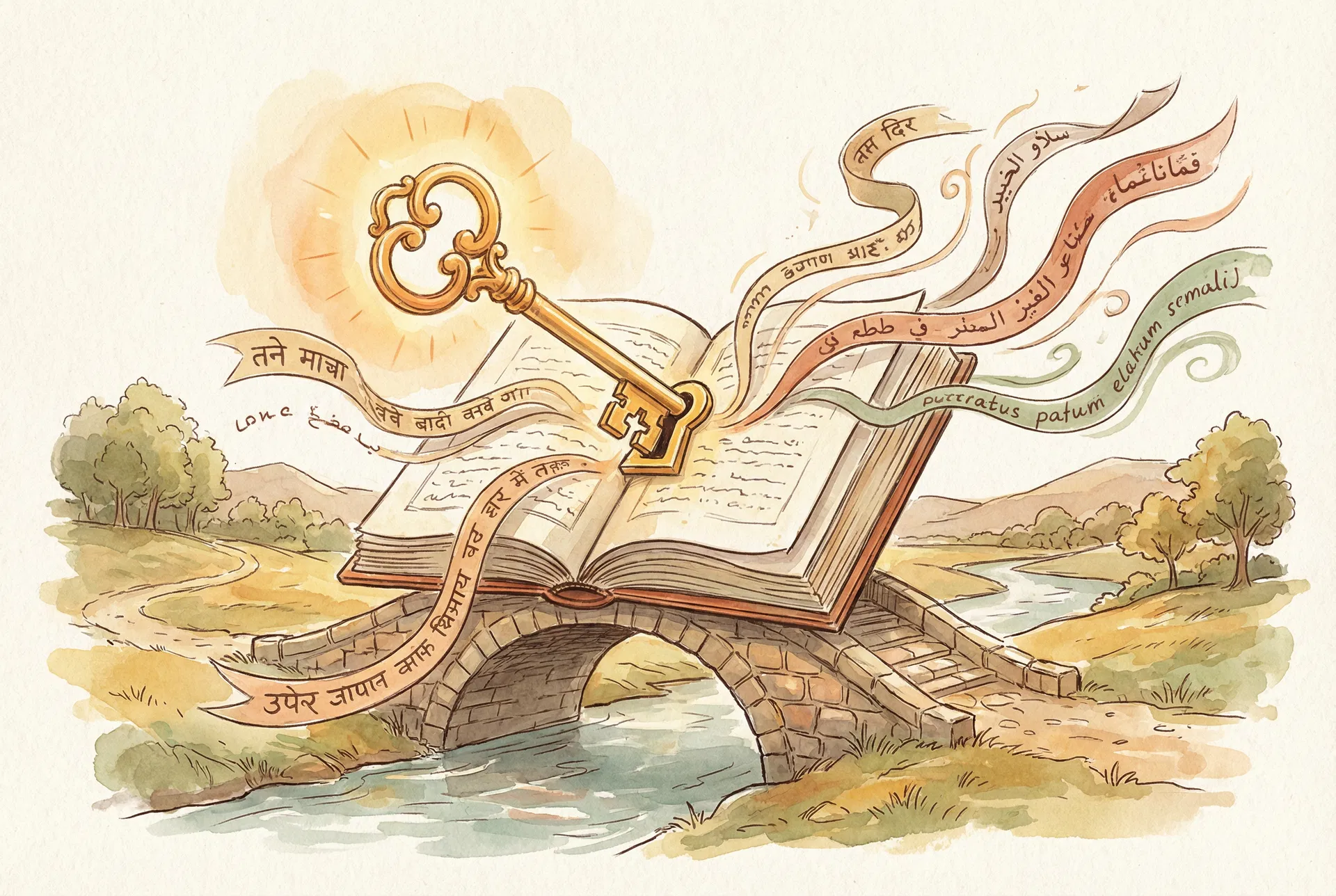 Illustration of a key unlocking a book, symbolizing language unlocking knowledge