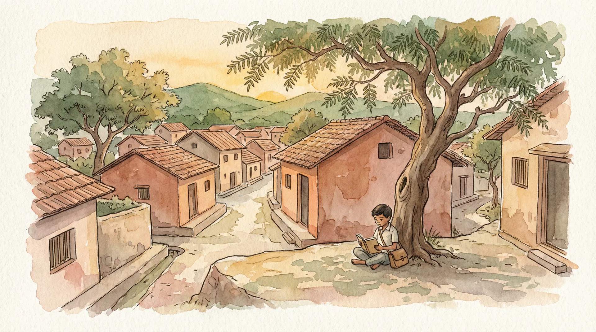 A watercolor illustration of a small Indian village