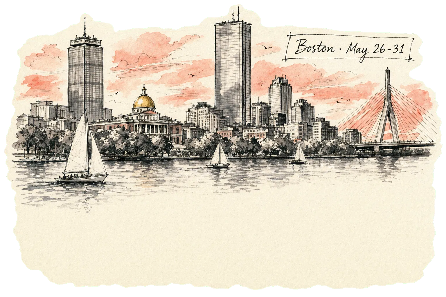 Hand-drawn watercolor sketch of the Boston skyline with the Massachusetts State House and the Zakim Bridge