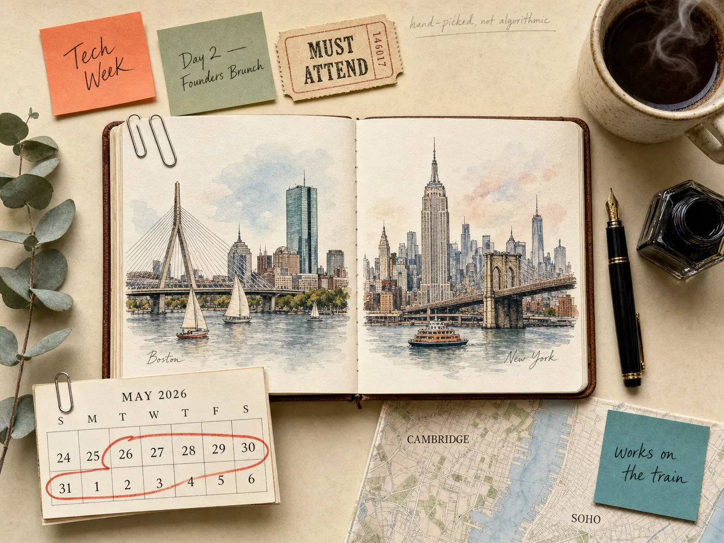 A planner desk with sketches of Boston and New York skylines, sticky notes, and a Must Attend ticket stub