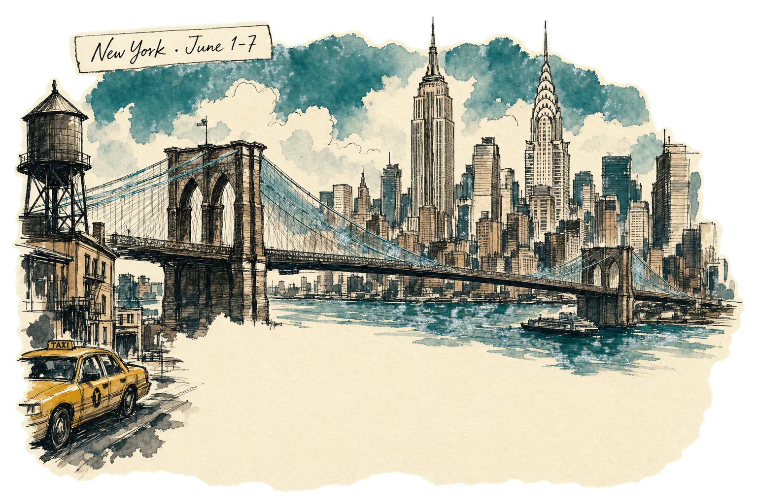 Hand-drawn watercolor sketch of the New York skyline with the Brooklyn Bridge and Empire State Building