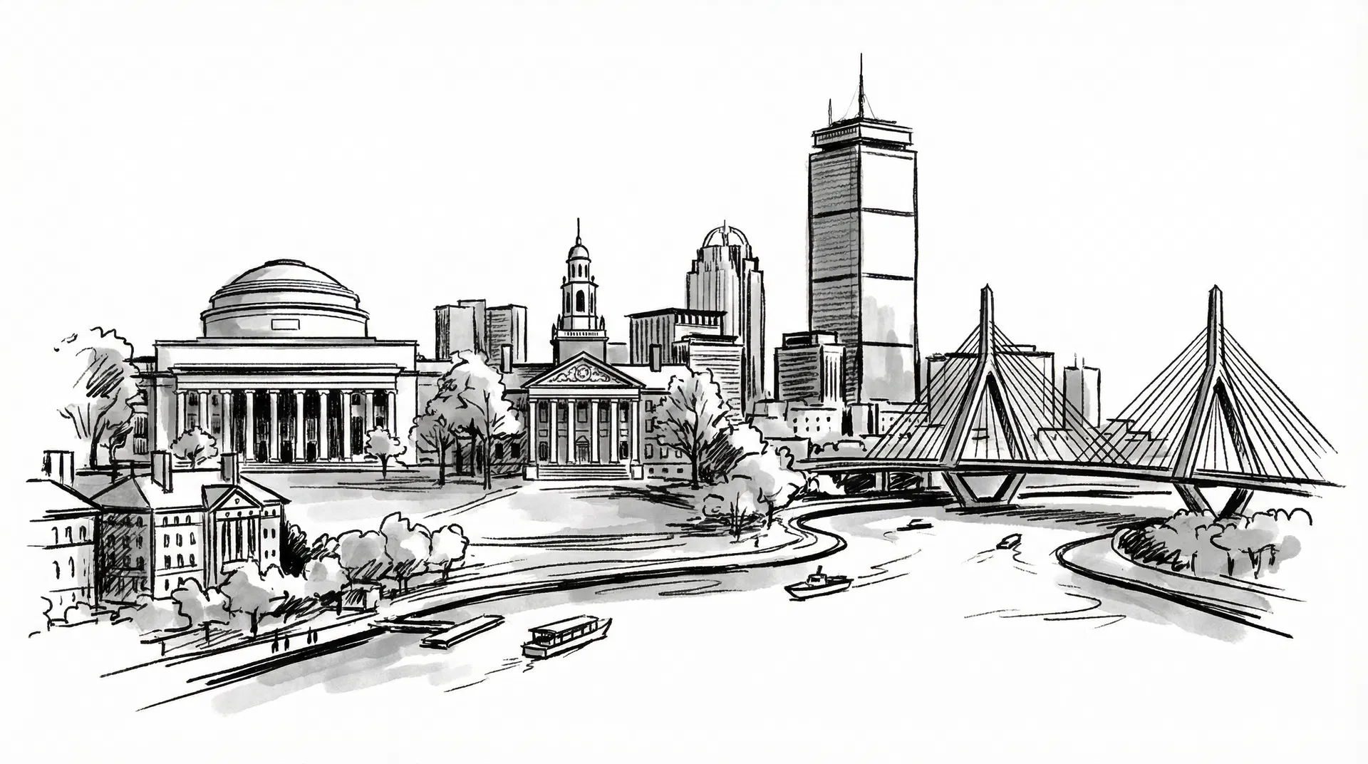 Hand-drawn sketch of the Boston and Cambridge skyline featuring MIT, Harvard, and the Charles River