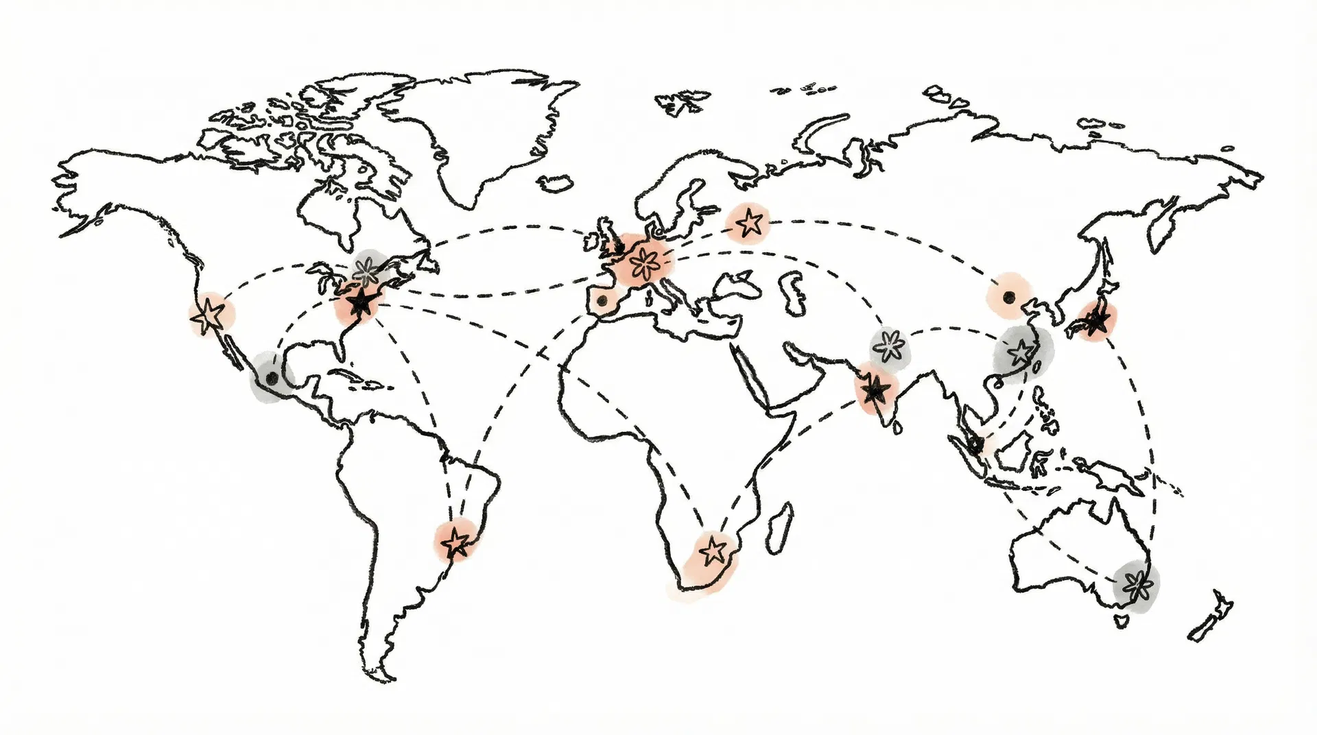 Hand-drawn world map showing 10 cities celebrating Manus Day