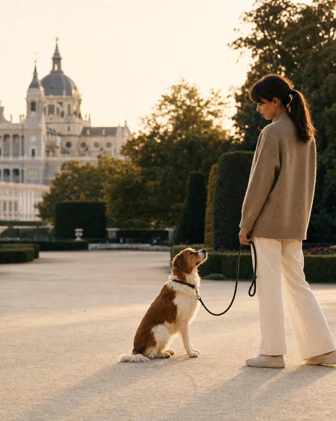 Ejercicio tranquilo con perro en un parque urbano de Madrid