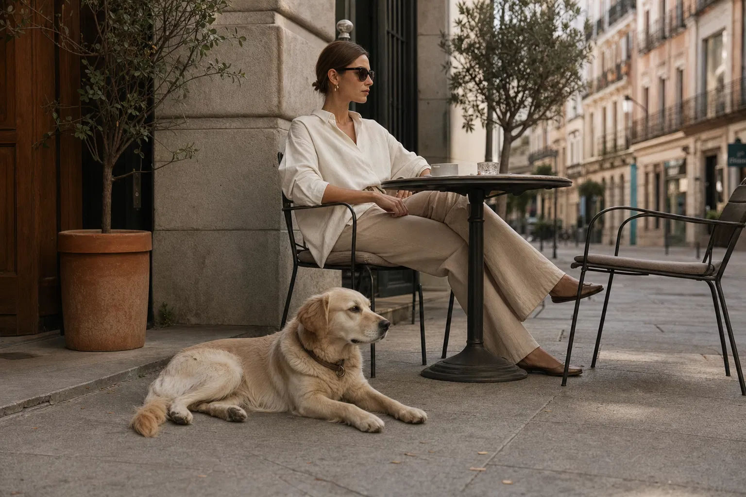 Perro descansando en una terraza tranquila de Madrid